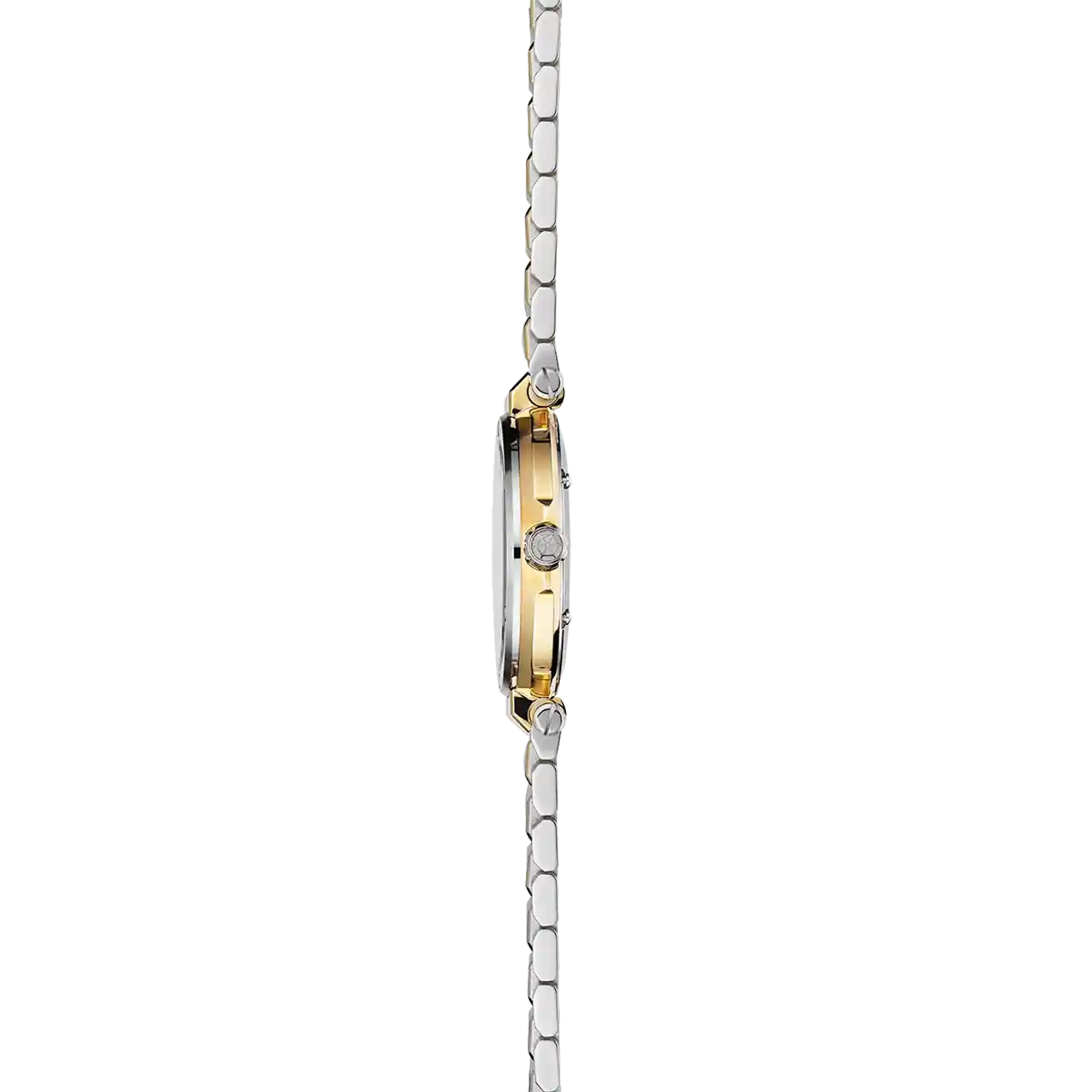 Vue de profil, tranche acier PVD or jaune, couronne et attaches du bracelet acier bicolore