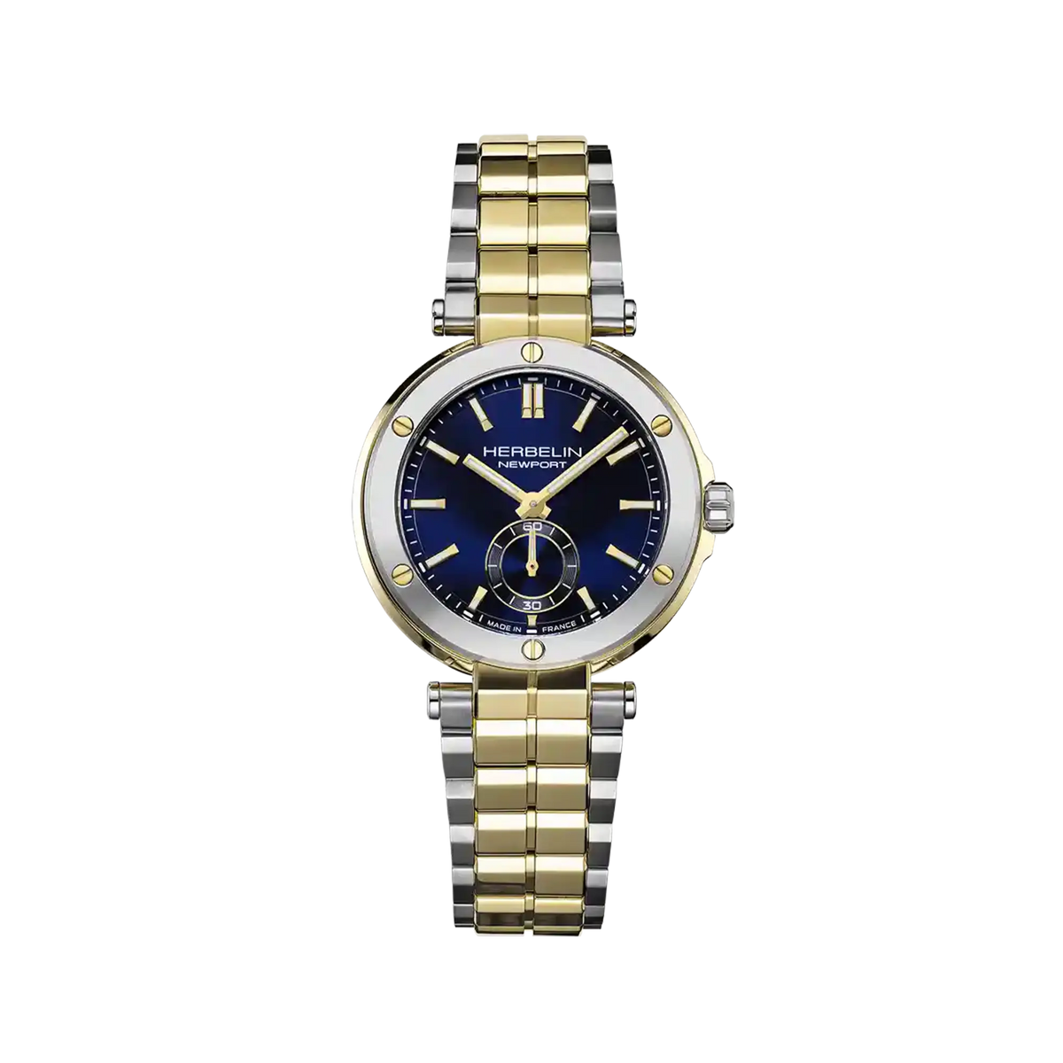 ⁣⁢Newport, quadrante blu, cassa in acciaio PVD oro giallo rotonda, bracciale in acciaio bicolore⁤⁣