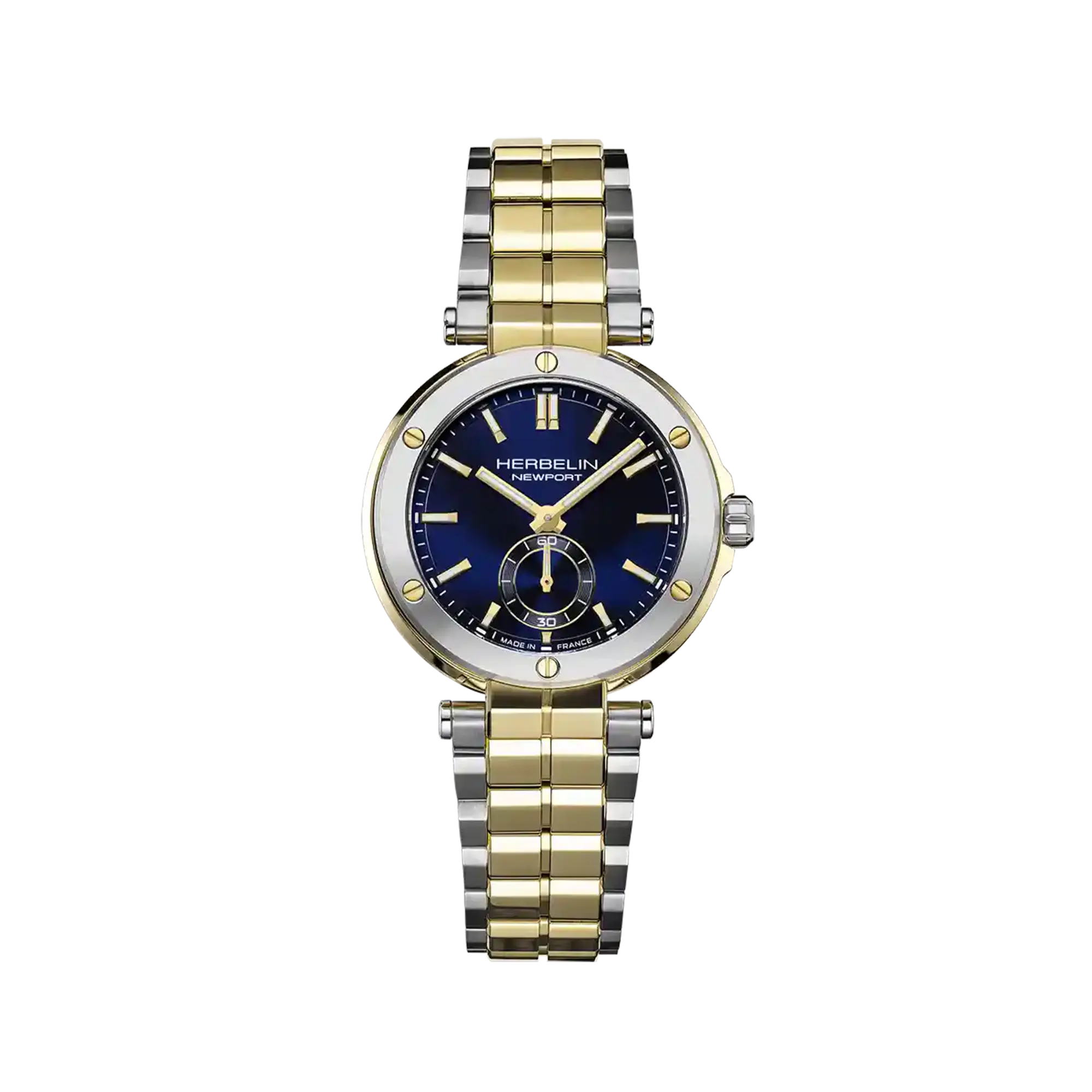 Newport, cadran bleu, boîtier acier PVD or jaune rond, bracelet acier bicolore