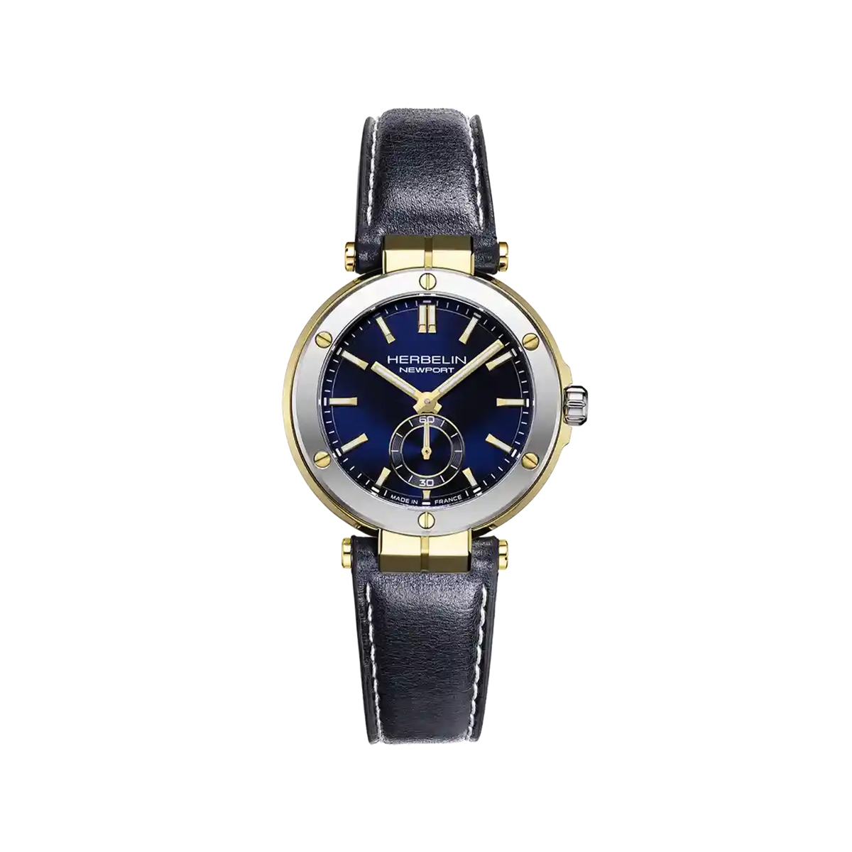⁣⁢Newport, quadrante blu, cassa in acciaio PVD oro giallo rotonda, cinturino in pelle⁤⁣