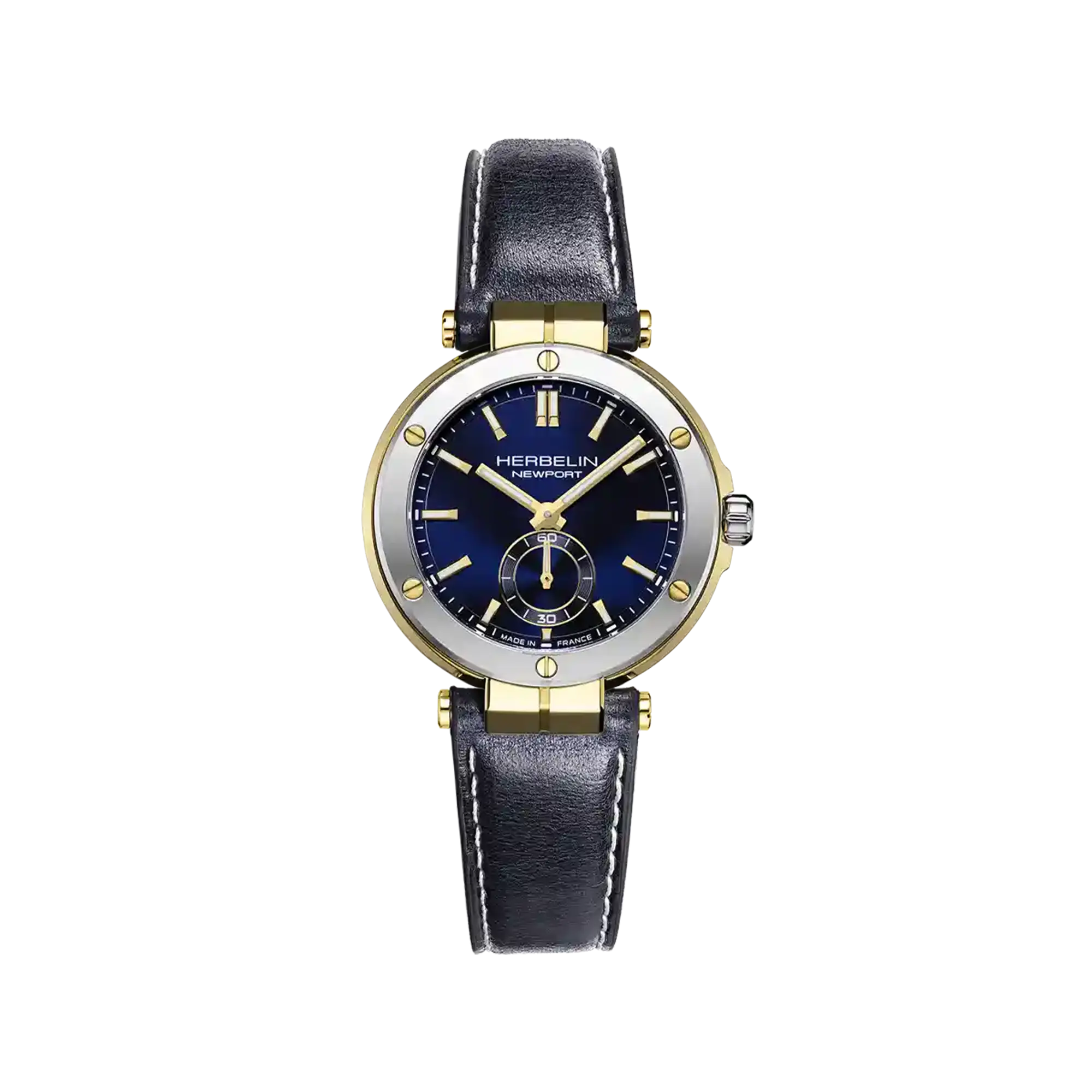 ⁣⁢Newport, blå urskive, rundt urkasse i stål med gult guld PVD, læderrem⁤⁣