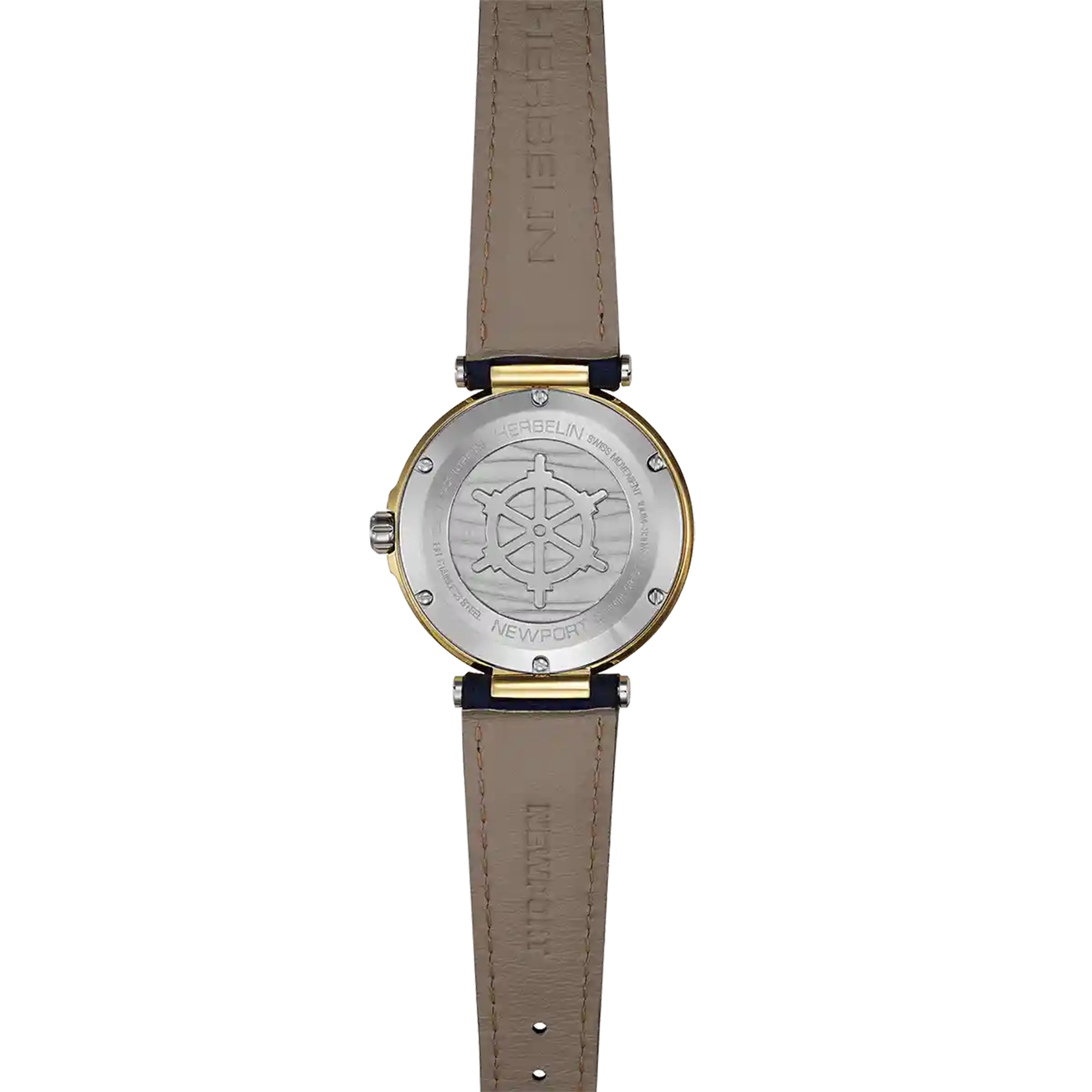 ⁣⁢Bagside af Newport, bagkasse i gult PVD-belagt stål med modelgravering⁤⁣
