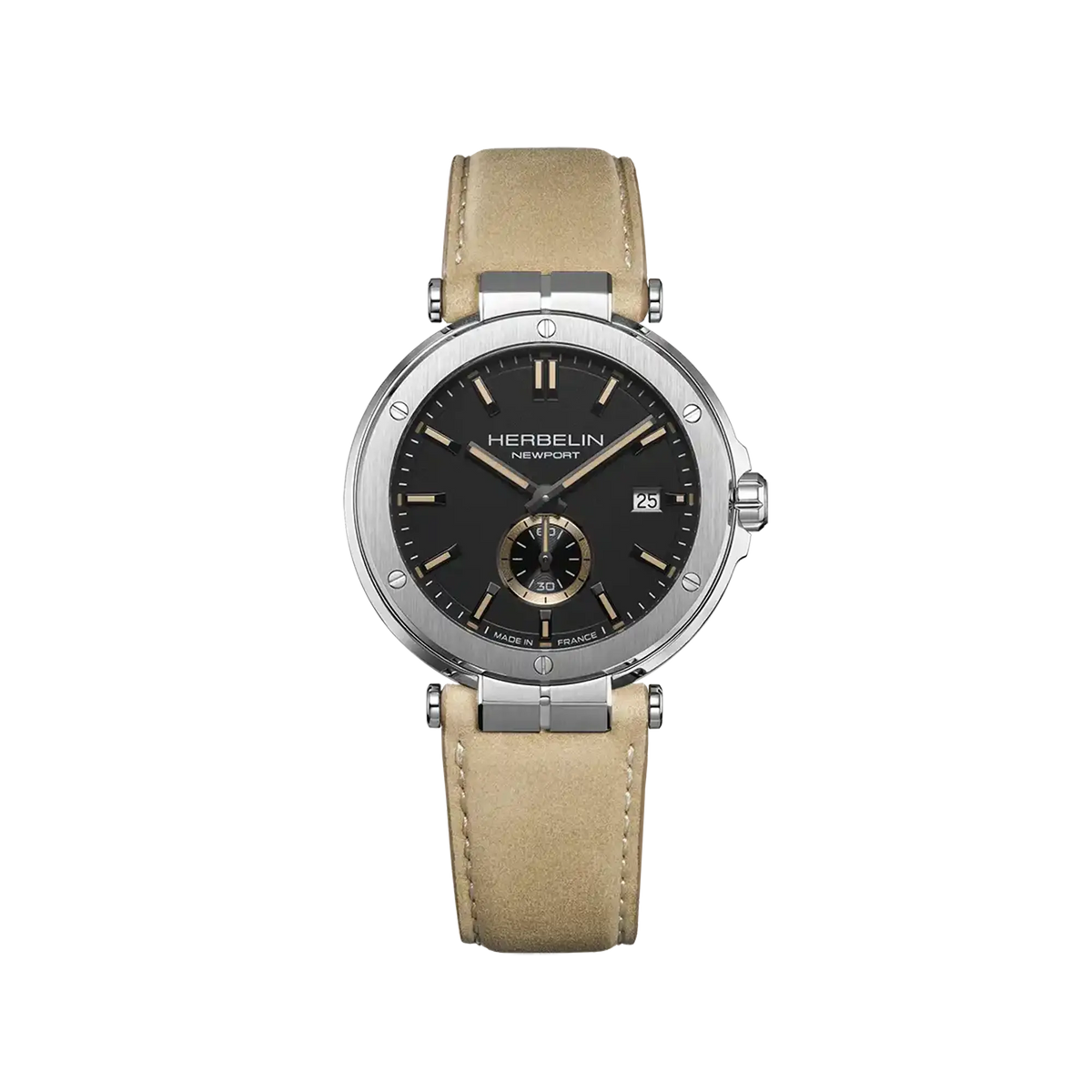 ⁣⁢Newport, matzwarte wijzerplaat, stalen ronde kast, lederen band⁤⁣