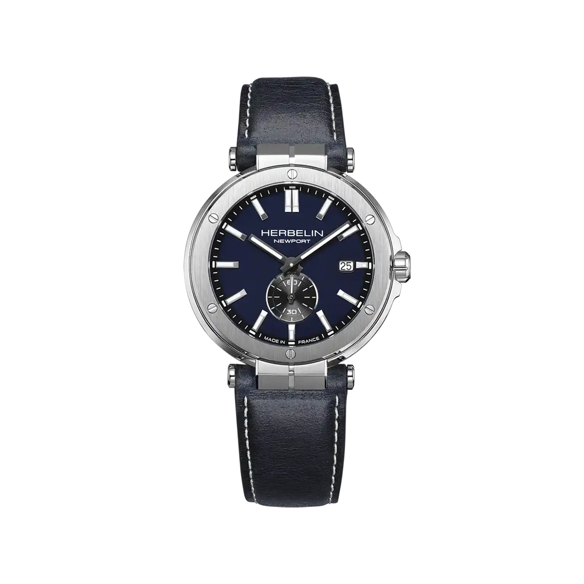 ⁣⁢Newport, esfera lacada azul, caja acero redonda, brazalete piel⁤⁣