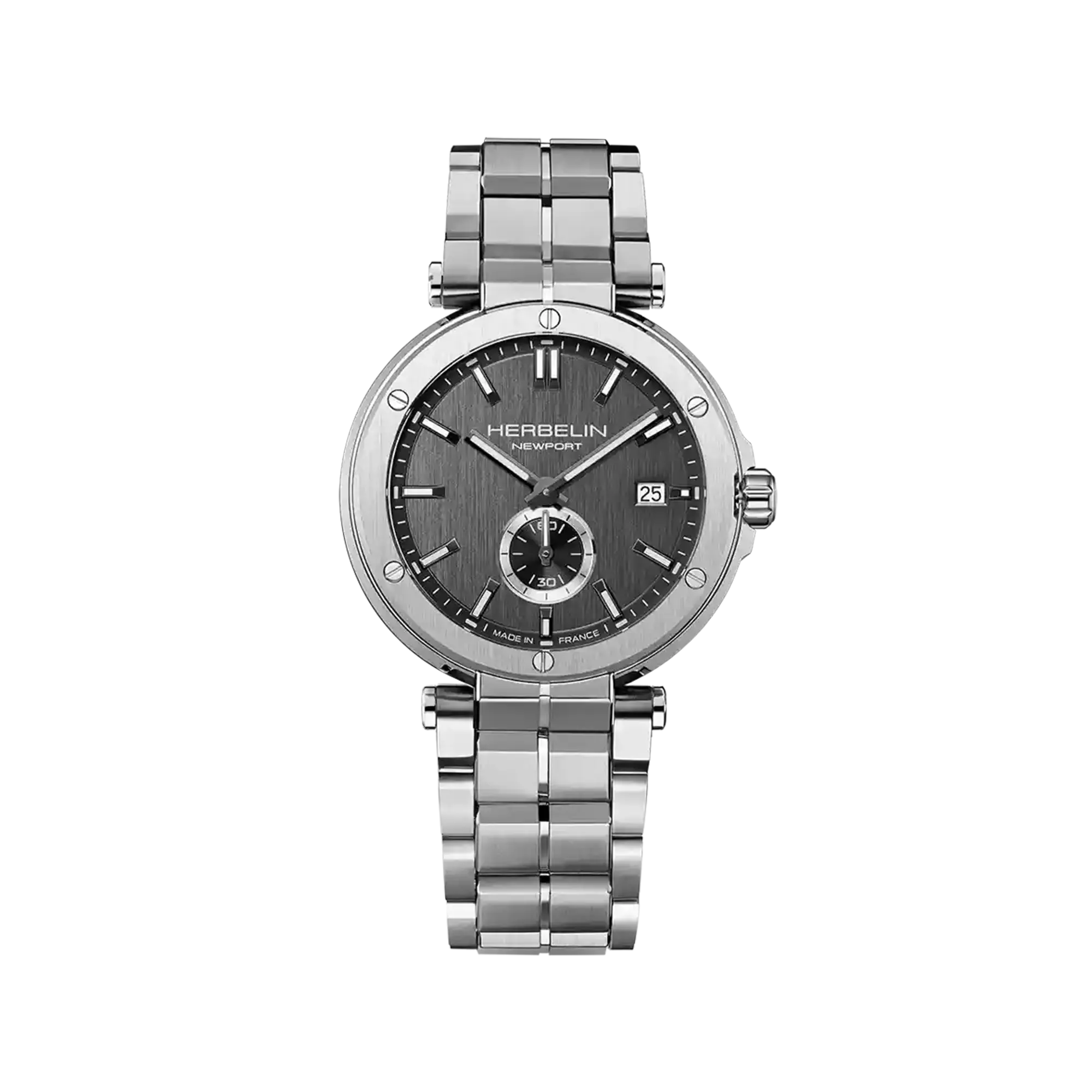 ⁣⁢Newport, quadrante grigio spazzolato verticale, cassa in acciaio rotonda, bracciale in acciaio⁤⁣
