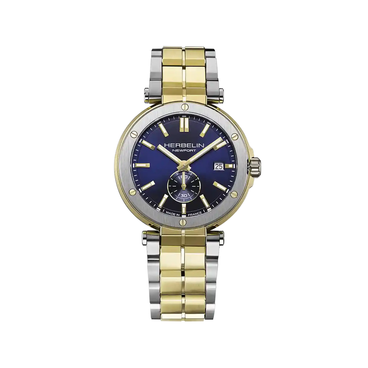 ⁣⁢Newport, blauwe wijzerplaat, ronde stalen kast PVD geelgoud, tweekleurige stalen band⁤⁣