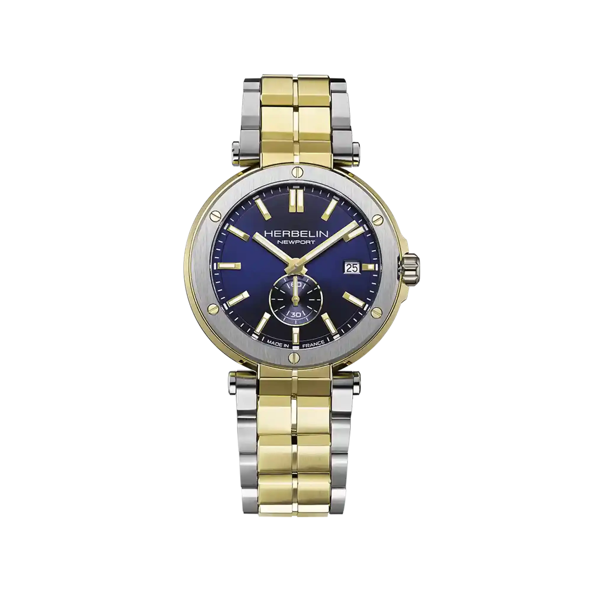 Newport, cadran bleu, boîtier acier PVD or jaune rond, bracelet acier bicolore