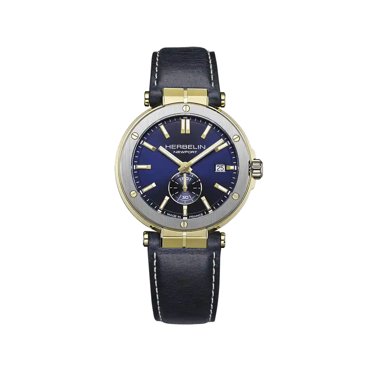 ⁣⁢Newport, blauwe wijzerplaat, ronde stalen kast PVD geelgoud, lederen band⁤⁣