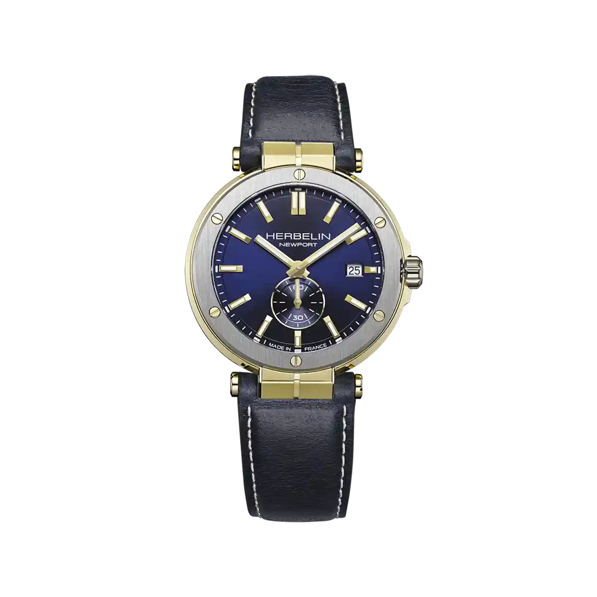 Newport, cadran bleu, boîtier acier PVD or jaune rond, bracelet cuir