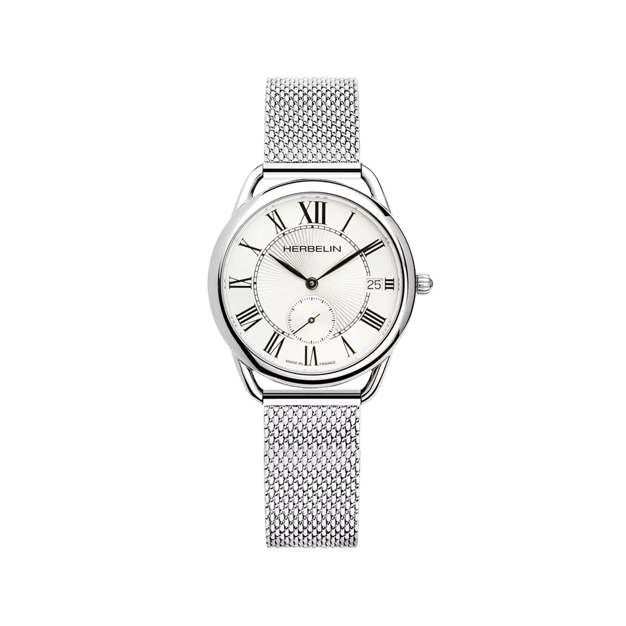 Équinoxe, cadran argent guilloché, boîtier acier rond, bracelet acier