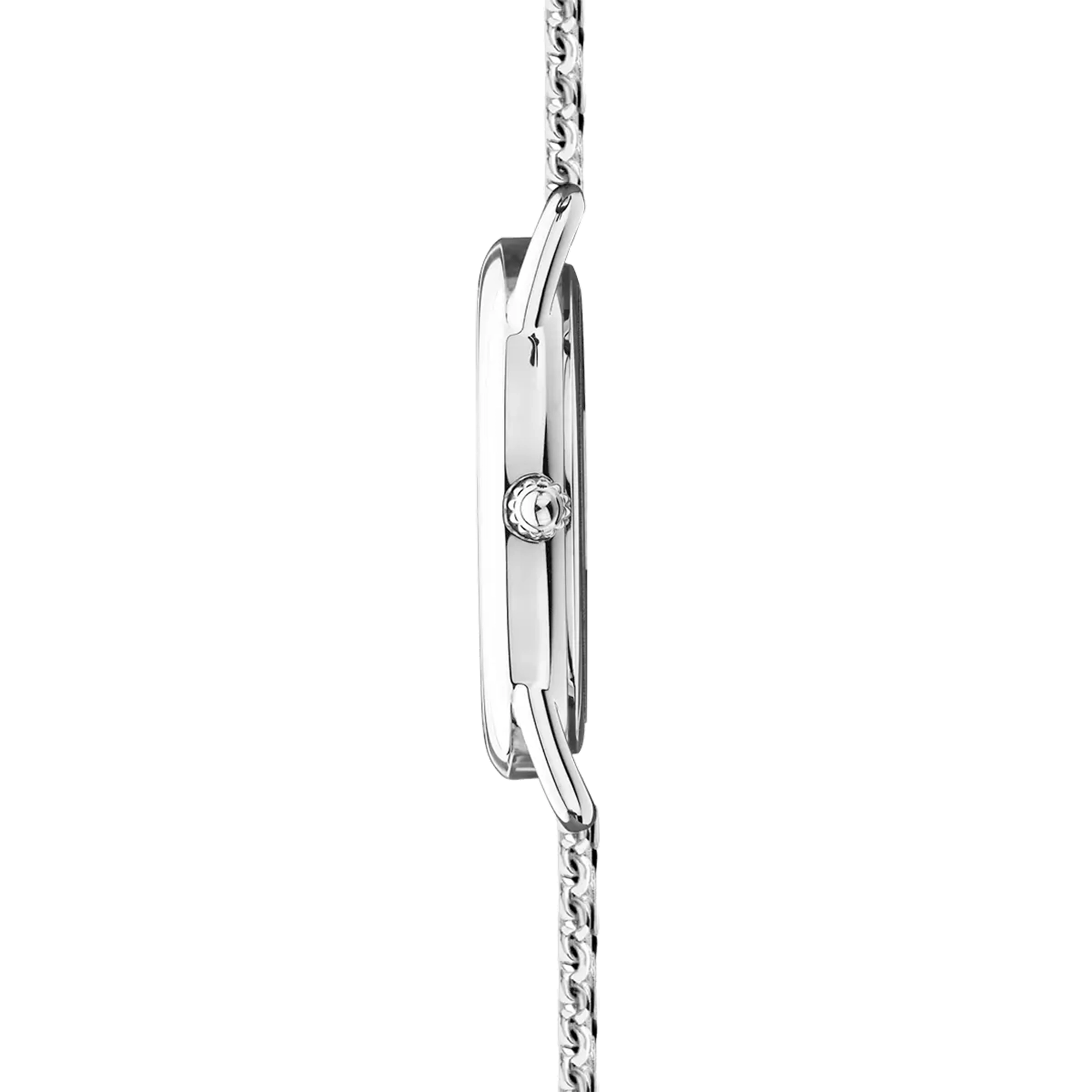 Vue de profil, tranche acier, couronne et attaches du bracelet acier