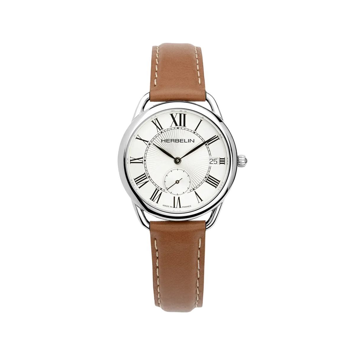⁣⁢Équinoxe, silver guilloché dial, round steel case, leather strap⁤⁣