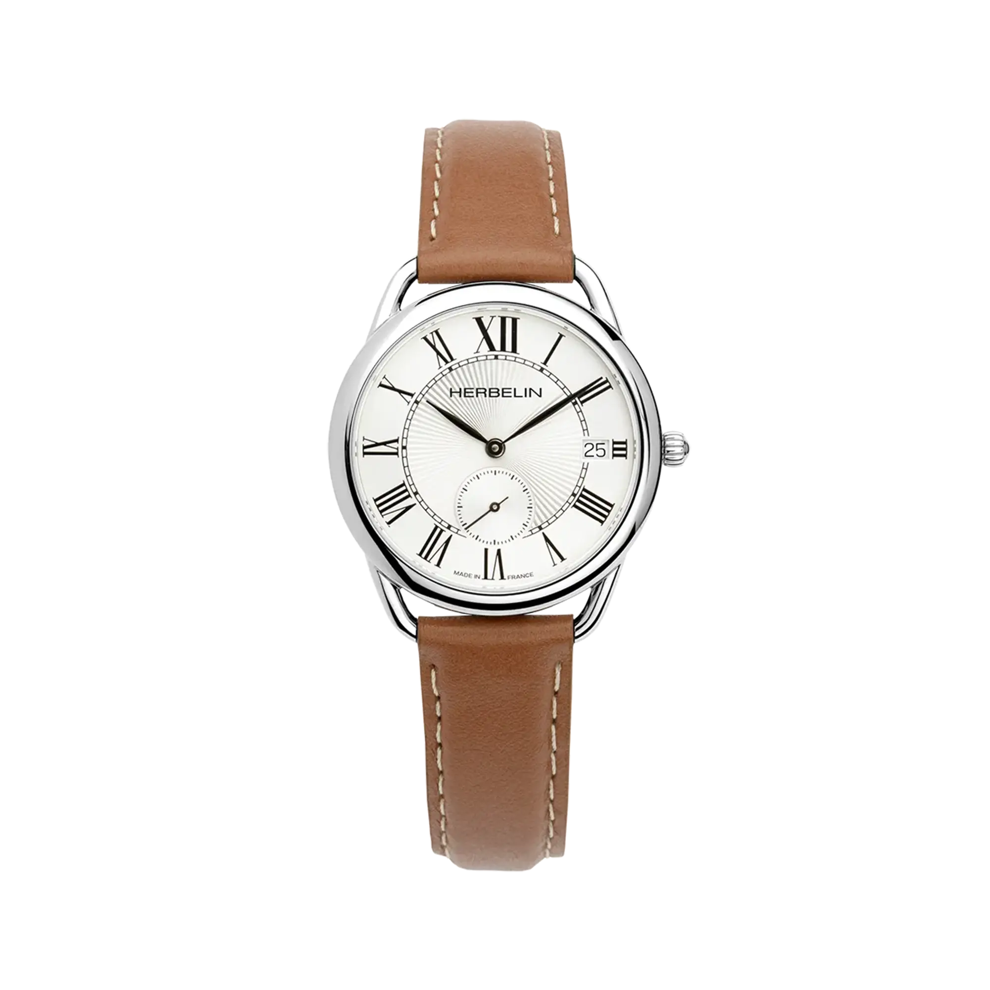 Équinoxe, cadran argent guilloché, boîtier acier rond, bracelet cuir