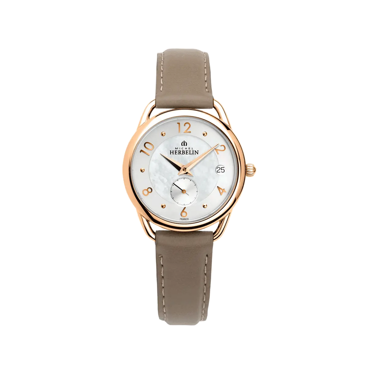 ⁣⁢Équinoxe, white mother-of-pearl dial, round rose gold PVD steel case, leather strap⁤⁣