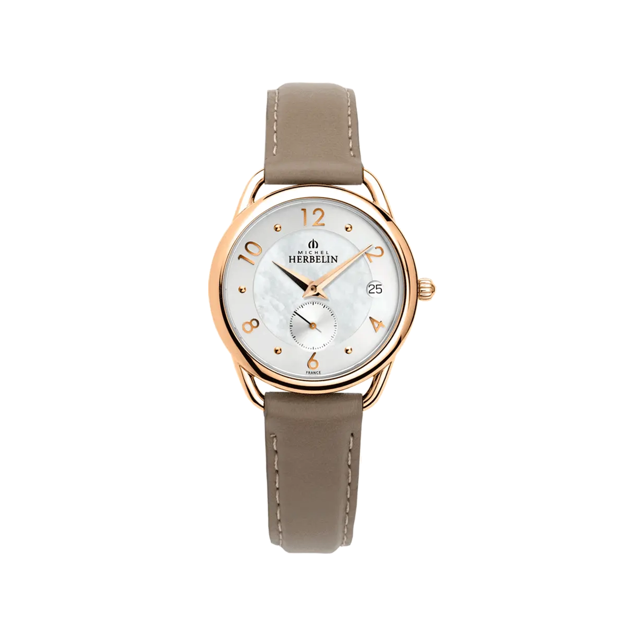 Équinoxe, cadran nacre blanche, boîtier acier PVD or rose rond, bracelet cuir