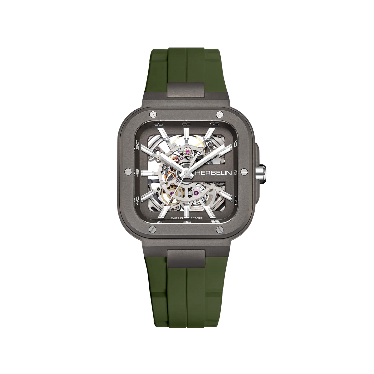 ⁣⁢Cap Camarat Square esqueletado, mostrador em titânio cinza, caixa quadrada em titânio, bracelete de borracha⁤⁣