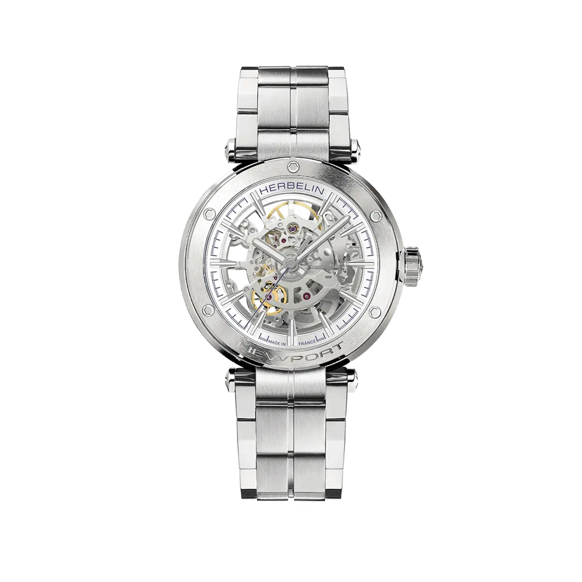 Newport squelette, cadran argent blanc brossé, boîtier acier rond, bracelet acier