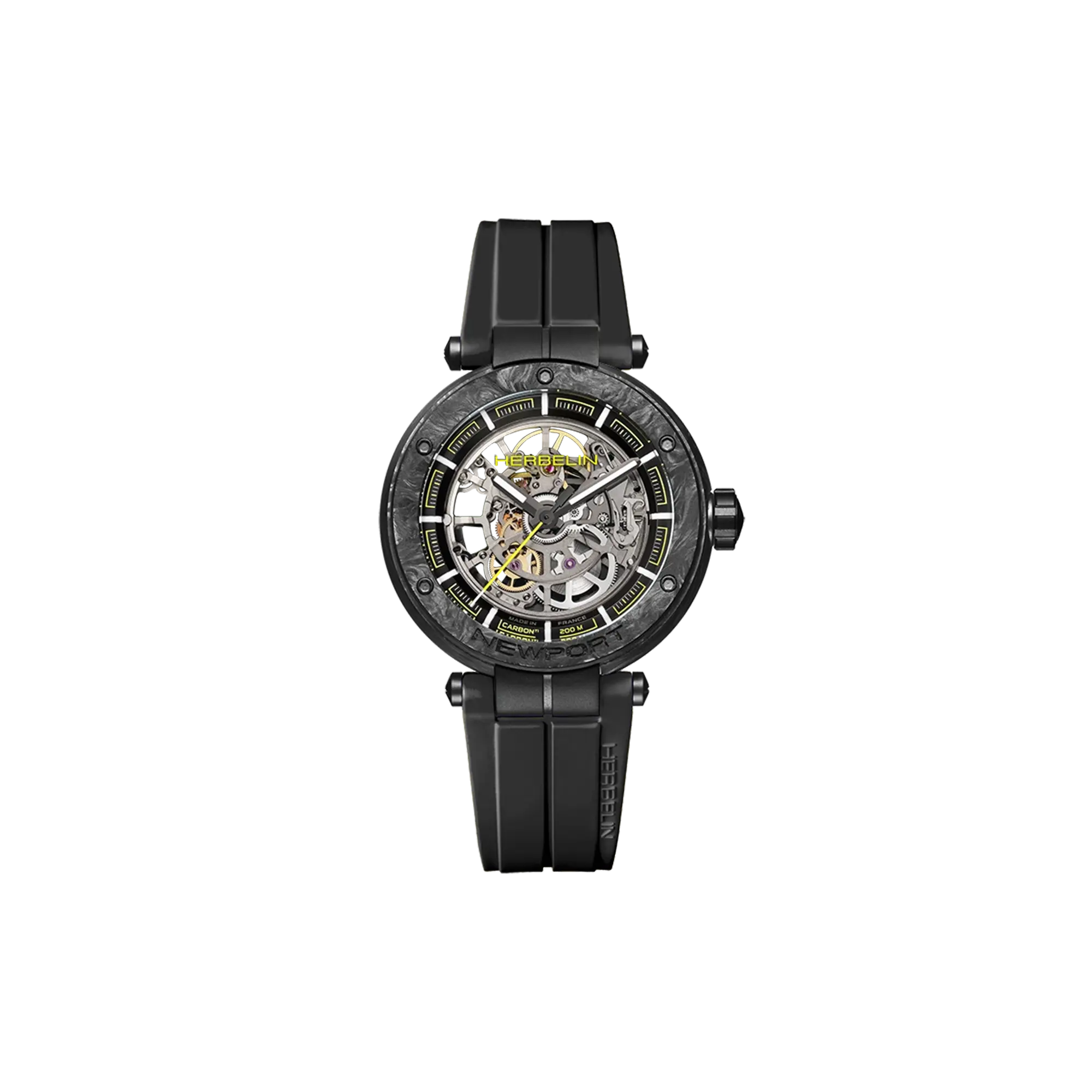 Newport carbone, cadran noir, boîtier titane rond, bracelet caoutchouc