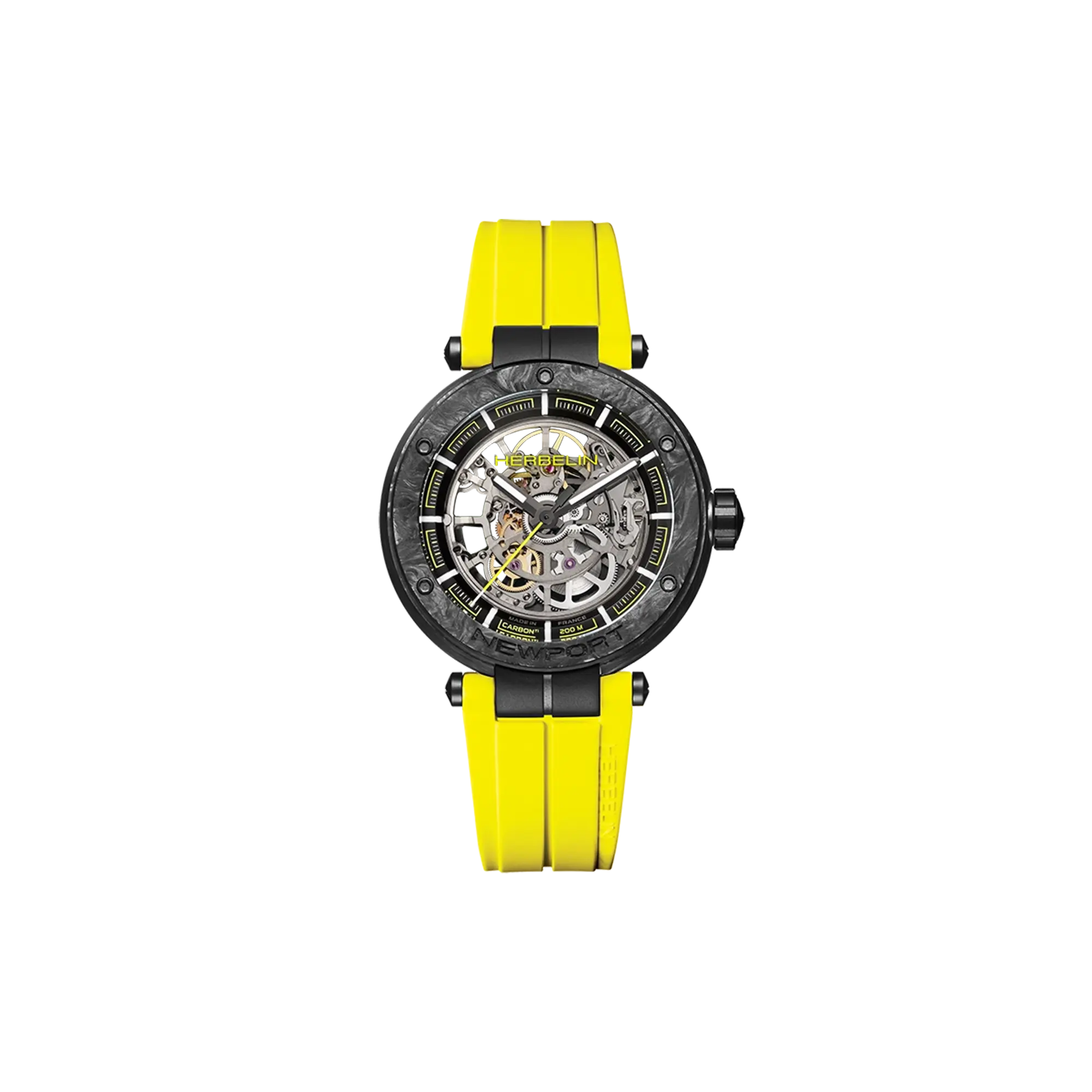 Newport carbone, cadran noir, boîtier titane rond, bracelet caoutchouc