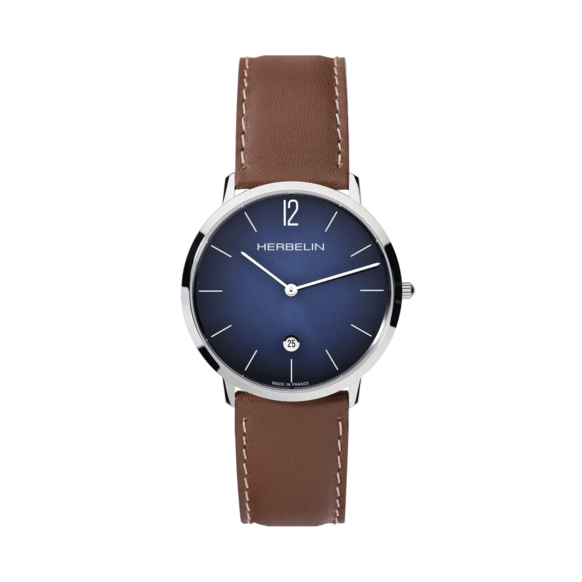 City, cadran bleu, boîtier acier rond, bracelet cuir