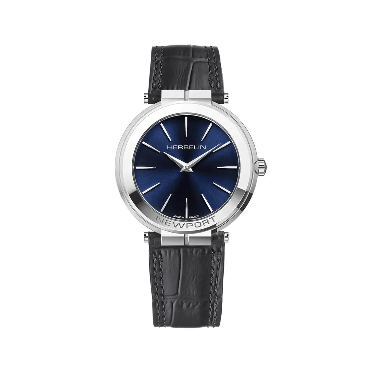 ⁣⁢Newport, quadrante blu profondo, cassa in acciaio rotonda, cinturino in pelle⁤⁣