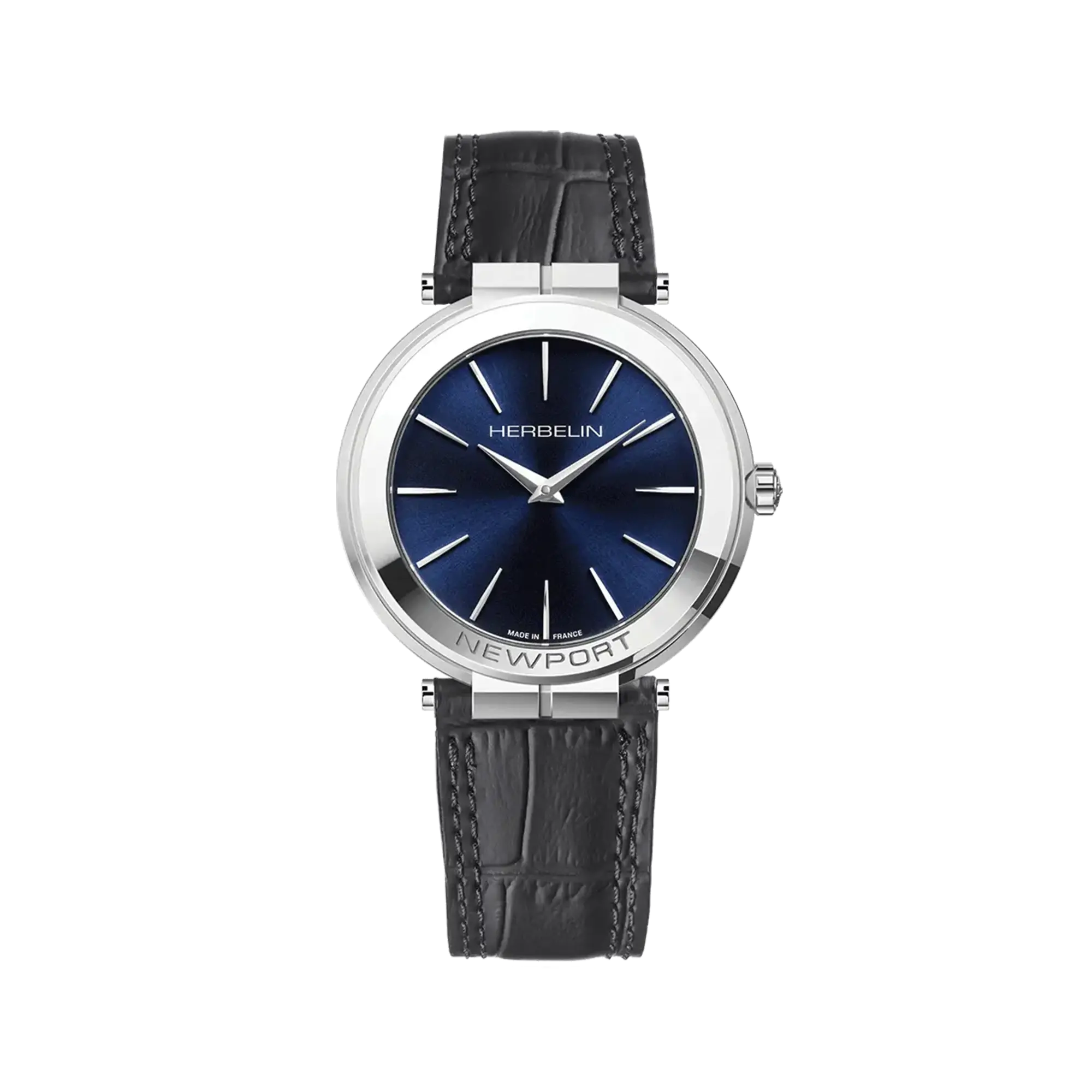 Newport, cadran bleu profond, boîtier acier rond, bracelet cuir