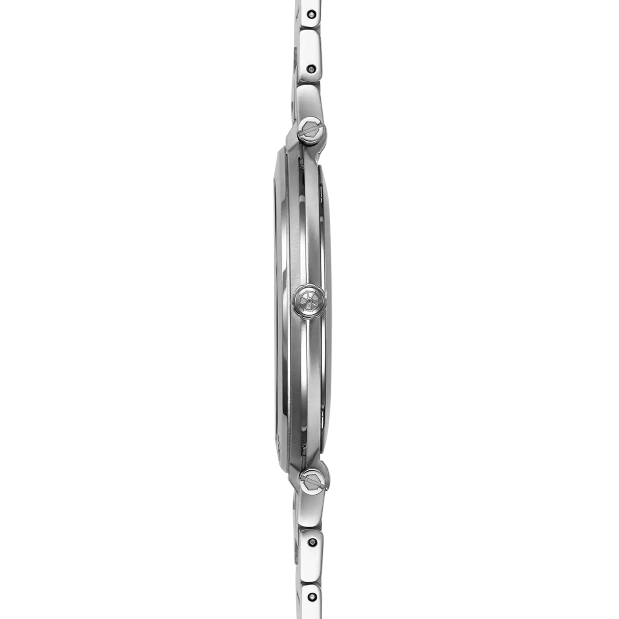 Vue de profil, tranche acier, couronne et attaches du bracelet acier