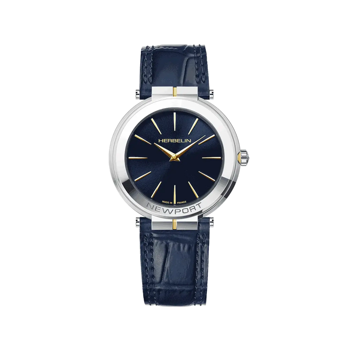 ⁣⁢Newport, quadrante blu profondo, cassa in acciaio PVD oro giallo rotonda, cinturino in pelle⁤⁣