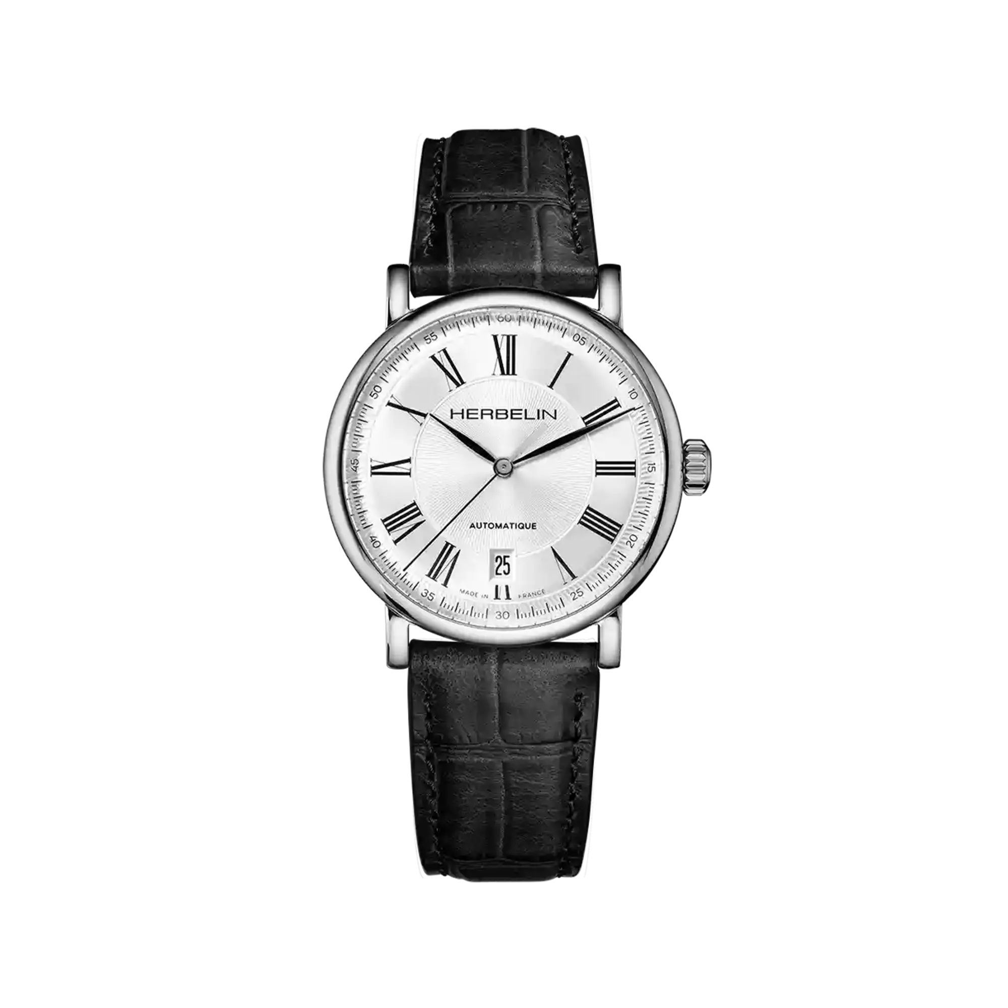 Inspiration, cadran argent guilloché, boîtier acier rond, bracelet cuir