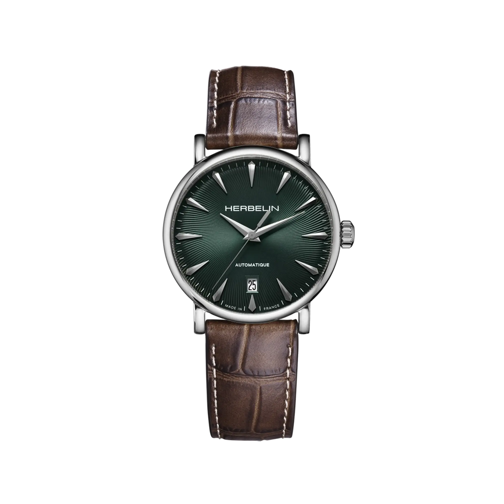 Inspiration, cadran vert guilloché, boîtier acier rond, bracelet cuir