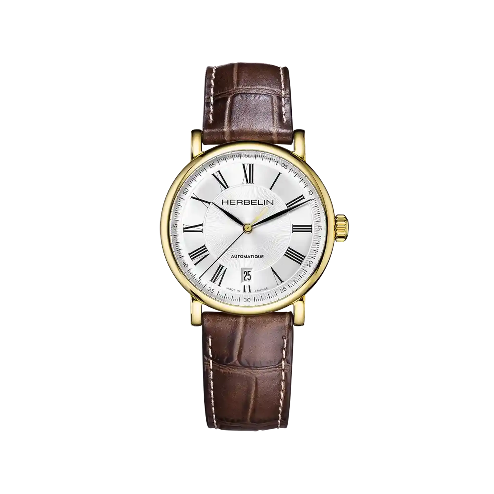 Inspiration, cadran argent guilloché, boîtier acier PVD or jaune rond, bracelet cuir
