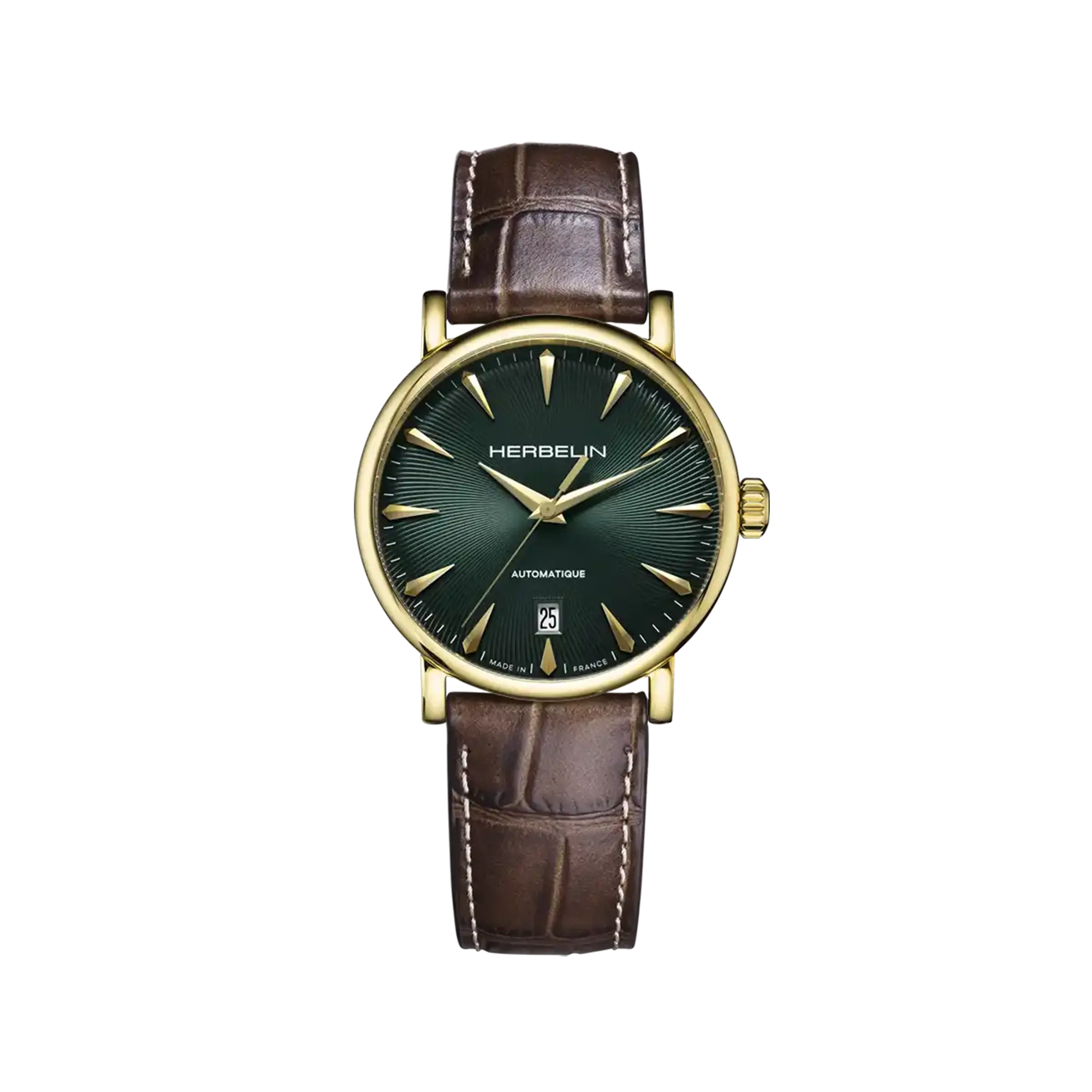 Inspiration, cadran vert guilloché, boîtier acier PVD or jaune rond, bracelet cuir