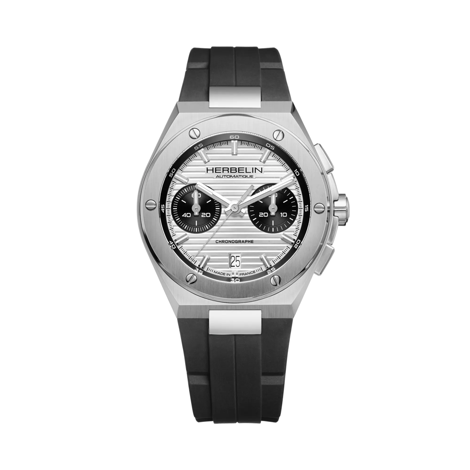 Cap Camarat chronographe, cadran argent blanc, boîtier acier rond, bracelet caoutchouc