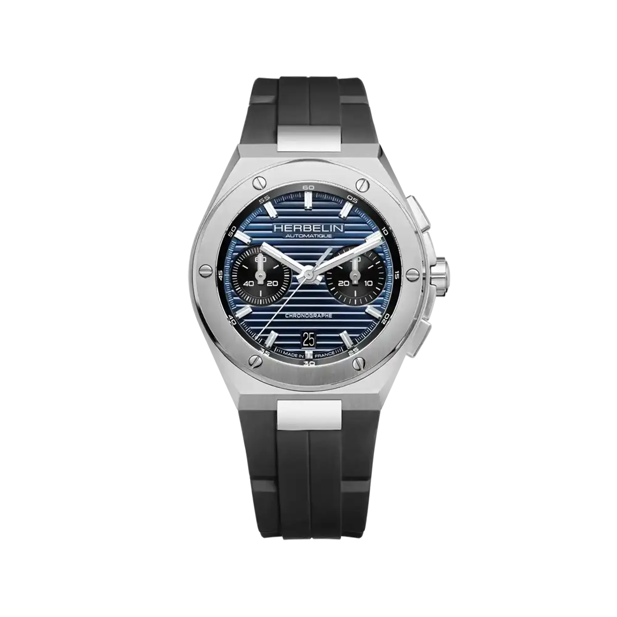 Cap Camarat chronographe, cadran bleu, boîtier acier rond, bracelet caoutchouc