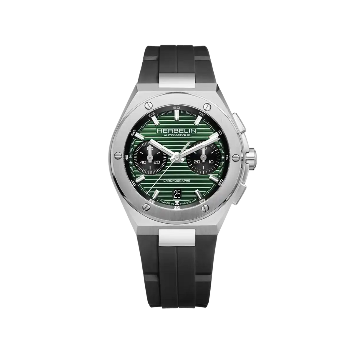 ⁣⁢Cap Camarat chronographe, esfera negra, caja redonda de acero, brazalete de caucho⁤⁣