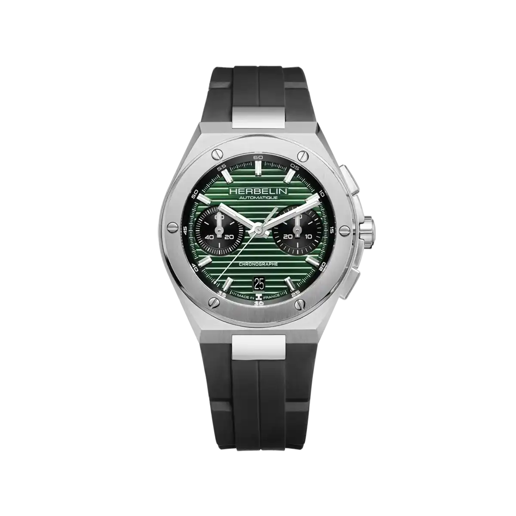 Cap Camarat chronographe, cadran noir, boîtier acier rond, bracelet caoutchouc