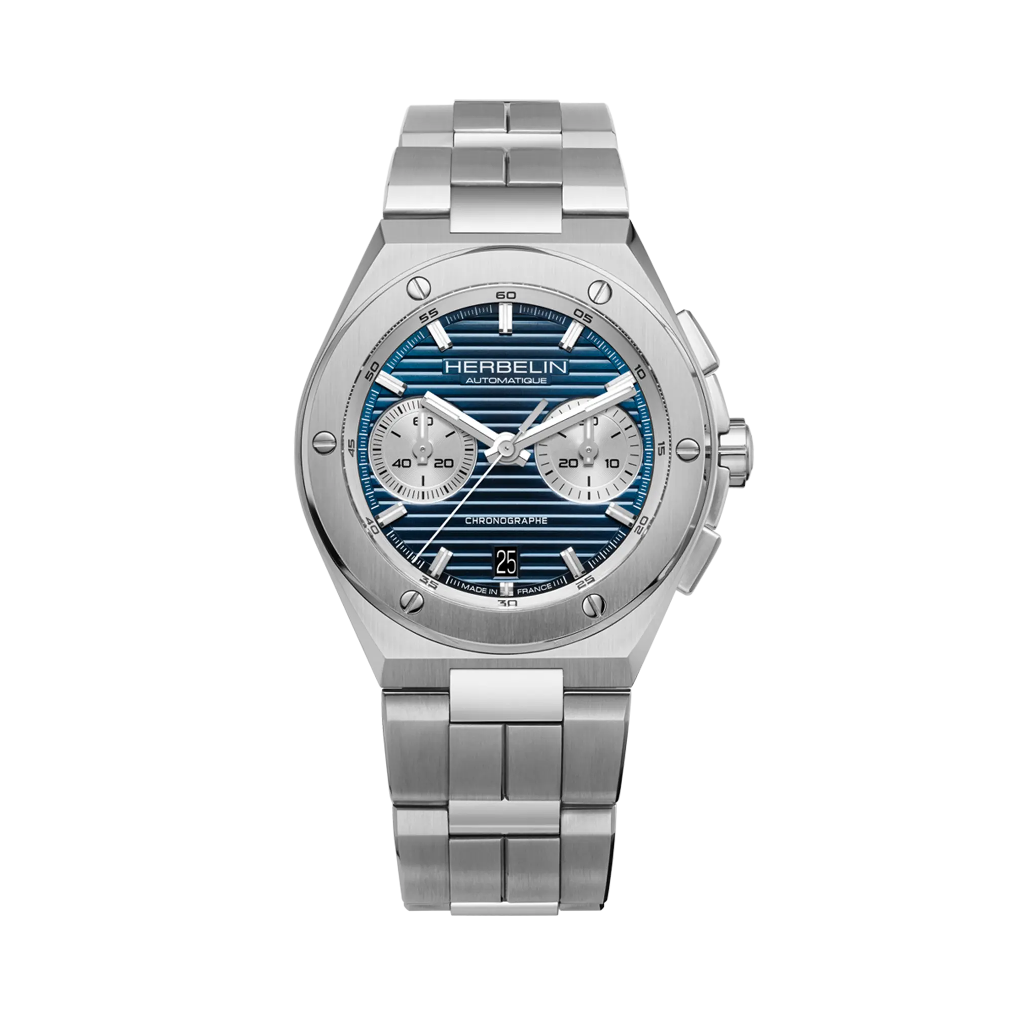 Cap Camarat chronographe, cadran bleu, boîtier acier rond, bracelet acier