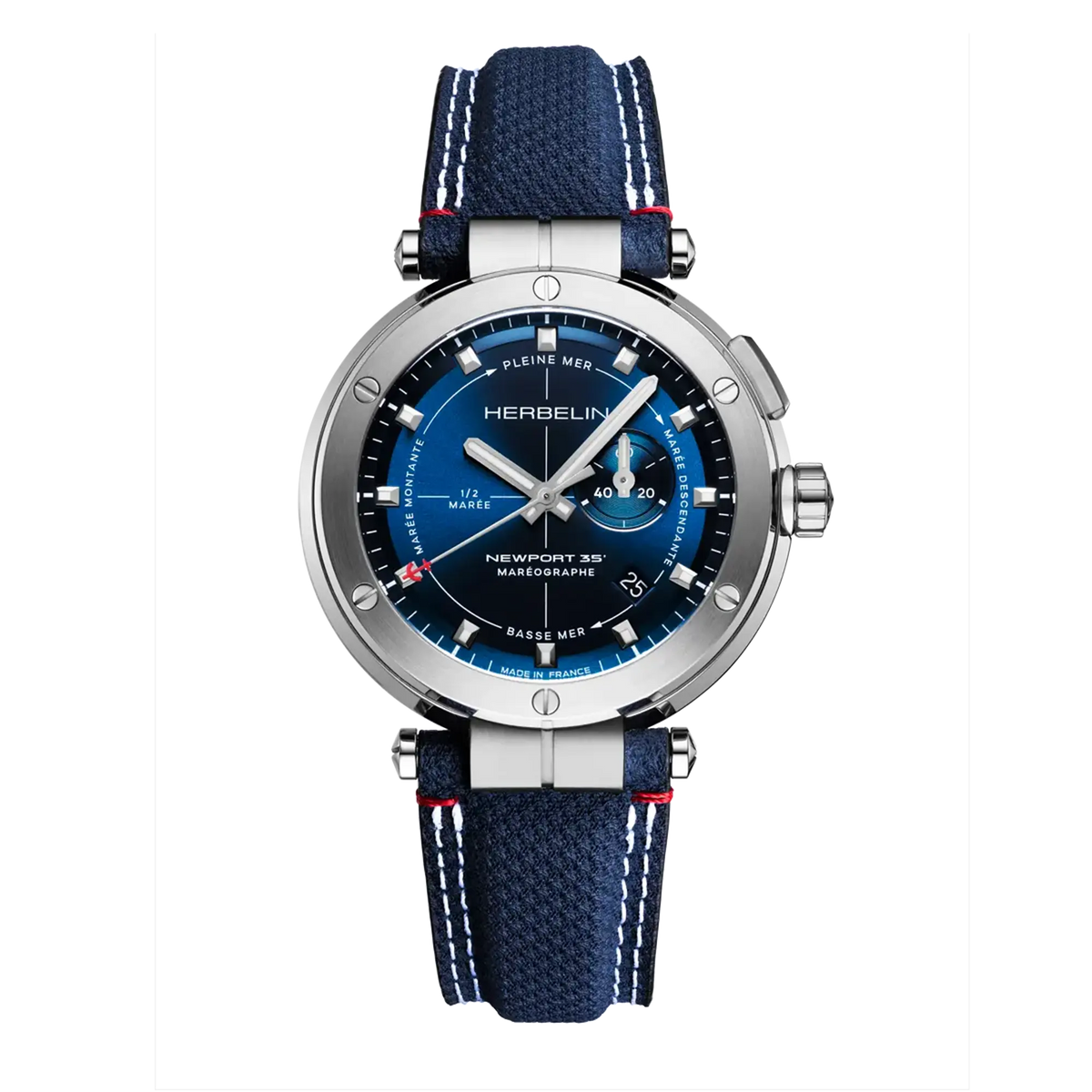 ⁣⁢Newport maréographe, blauwe wijzerplaat, ronde stalen kast, textielband⁤⁣