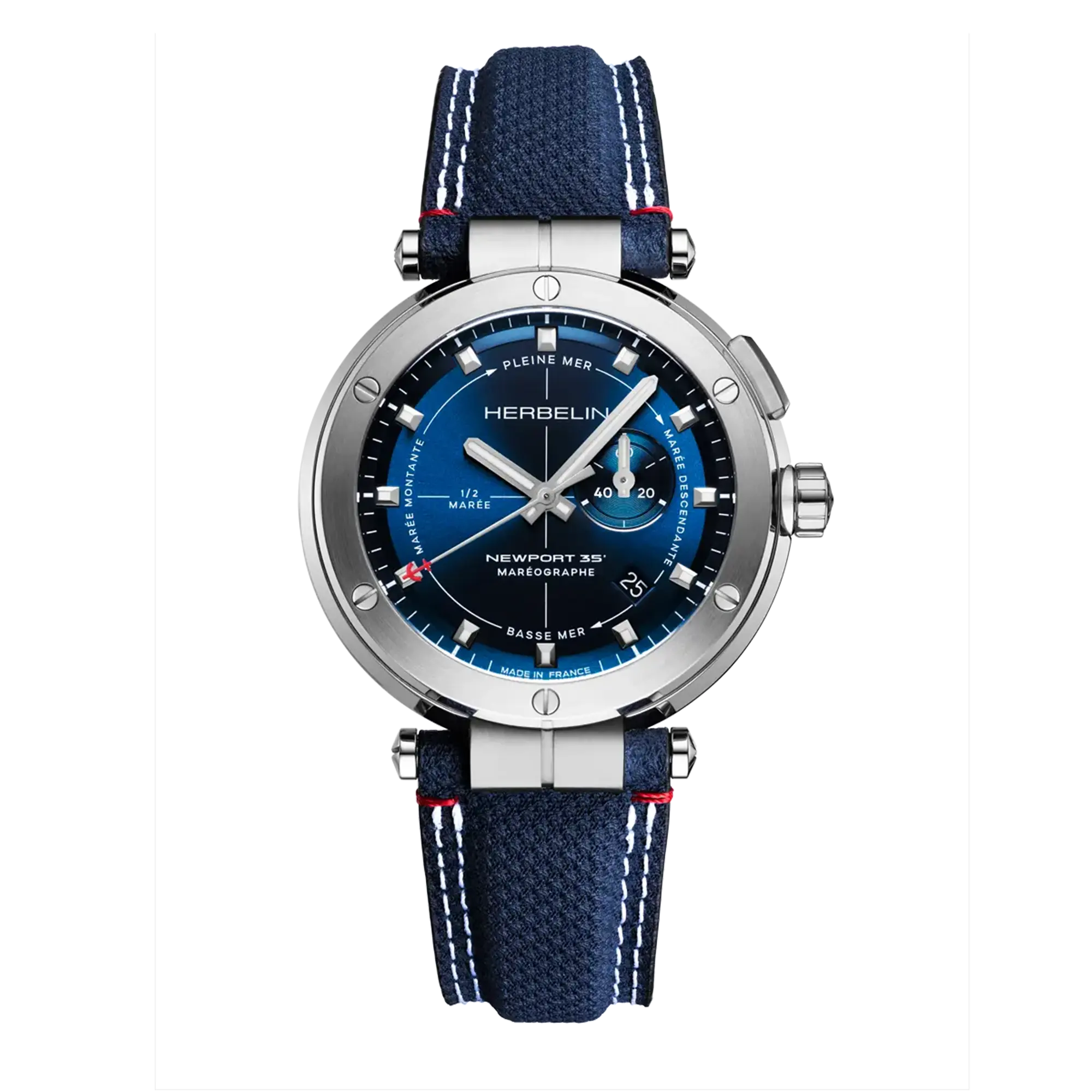 Newport maréographe, cadran bleu, boîtier acier rond, bracelet textile