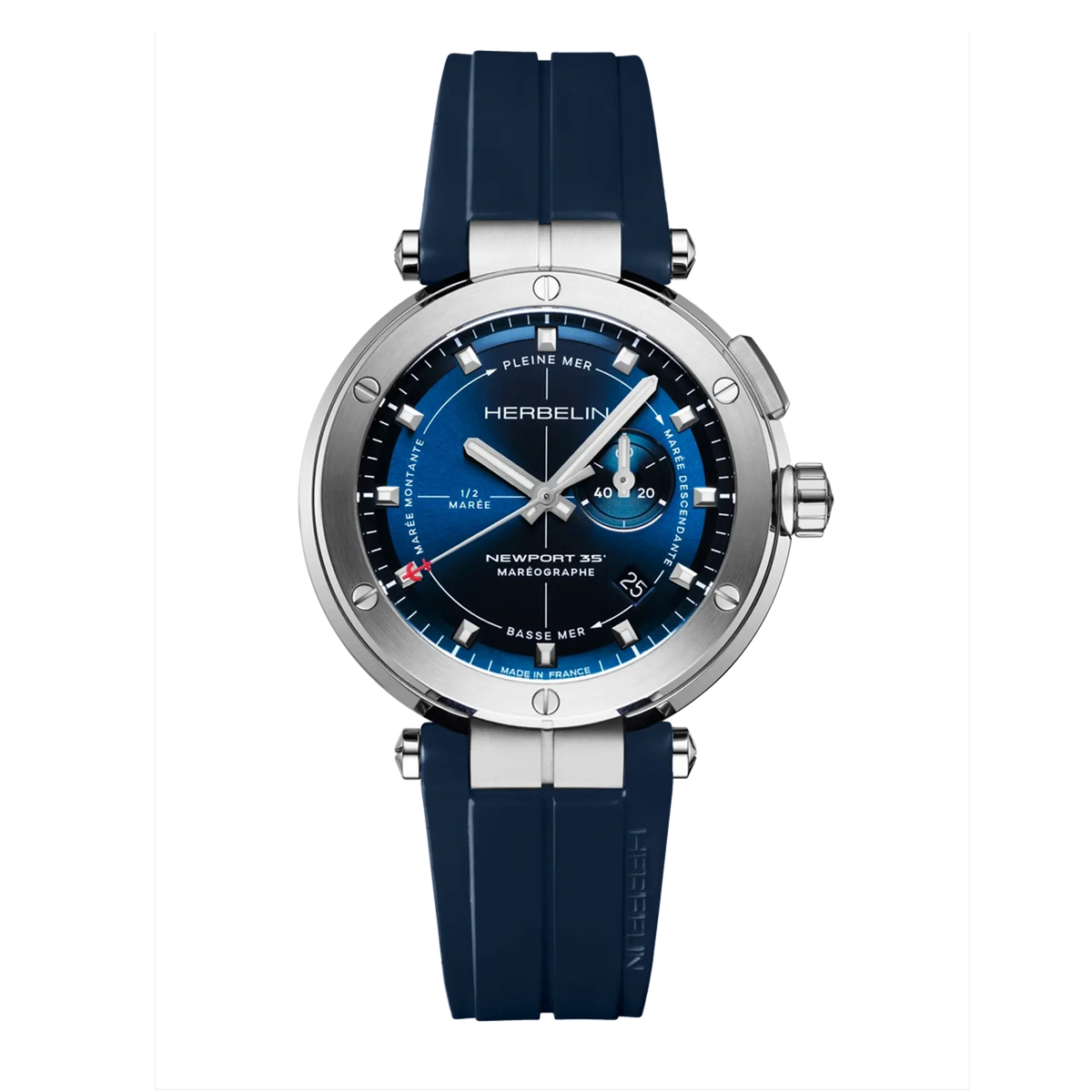 ⁣⁢Newport maréographe, blauwe wijzerplaat, ronde stalen kast, rubberen band⁤⁣