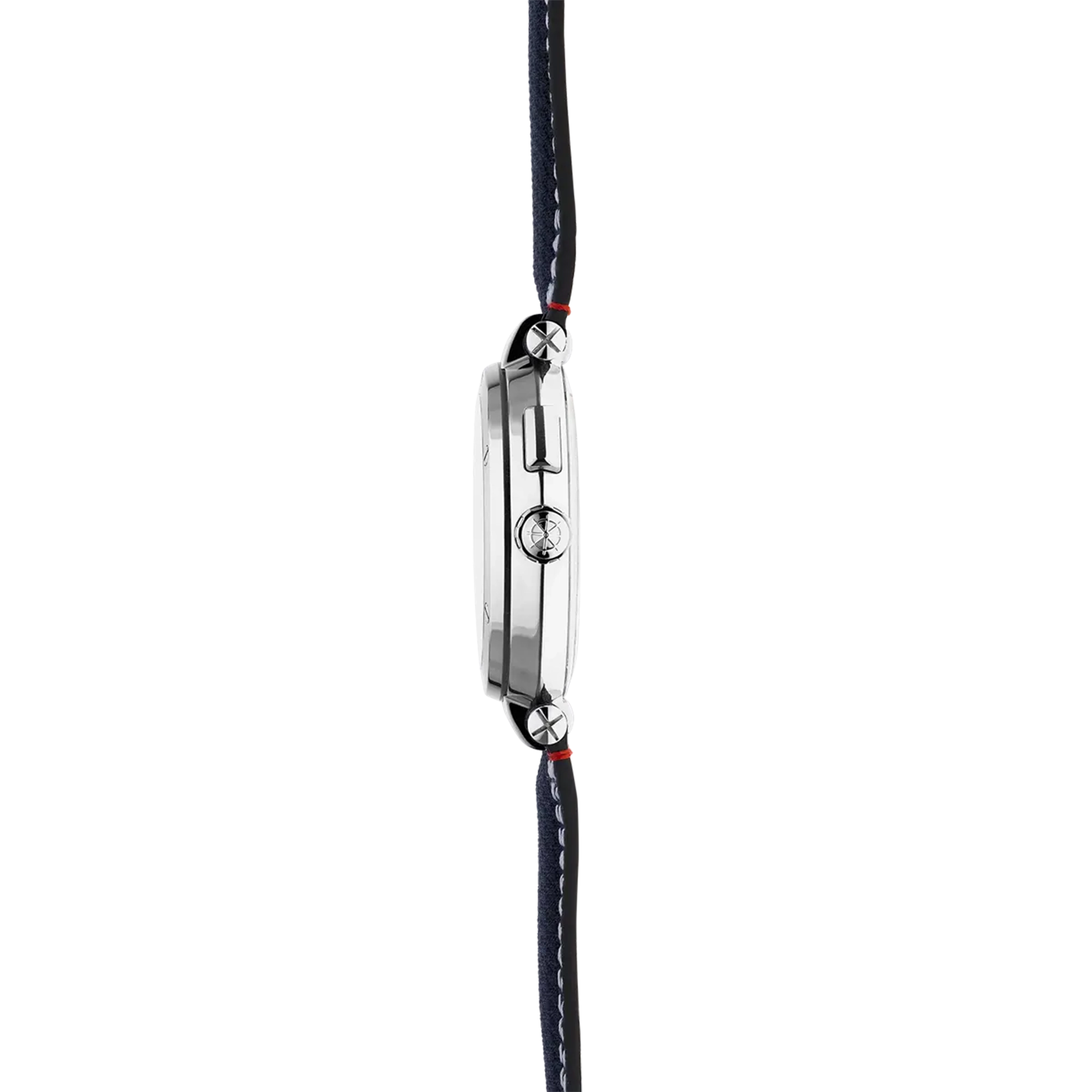 Vue de profil, tranche acier, couronne et attaches du bracelet textile