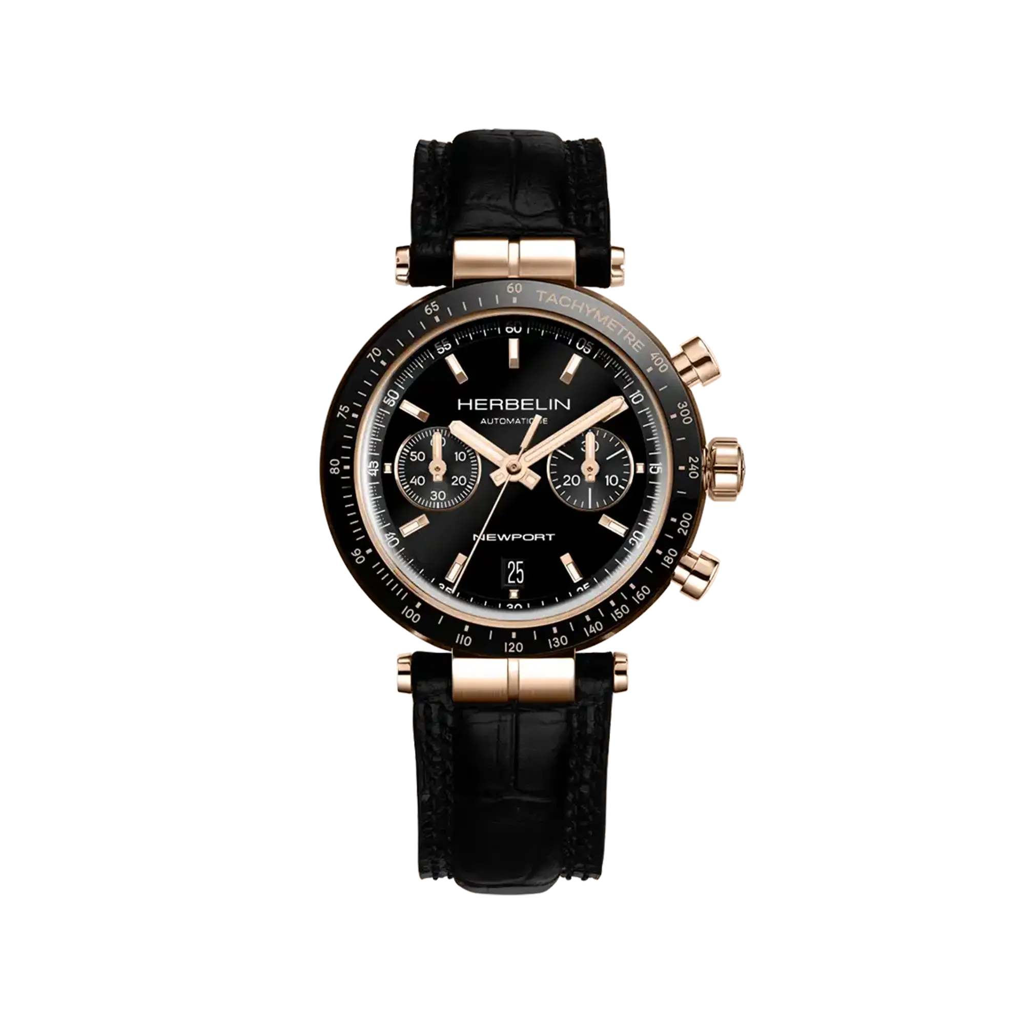 Newport chronographe, cadran noir, boîtier acier PVD or rose rond, bracelet cuir
