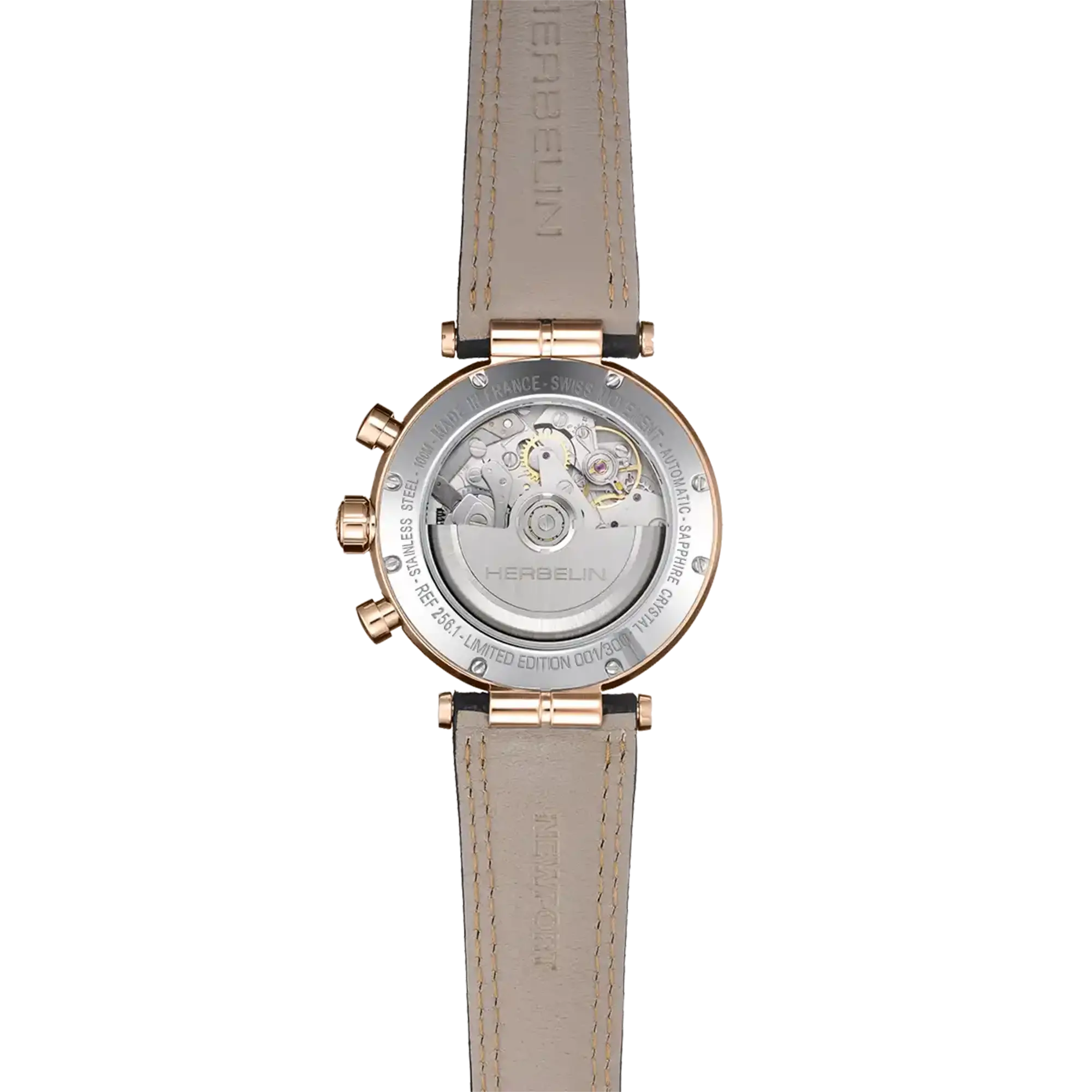 Dos de la Newport chronographe, fond acier PVD or rose avec mécanisme automatique apparent