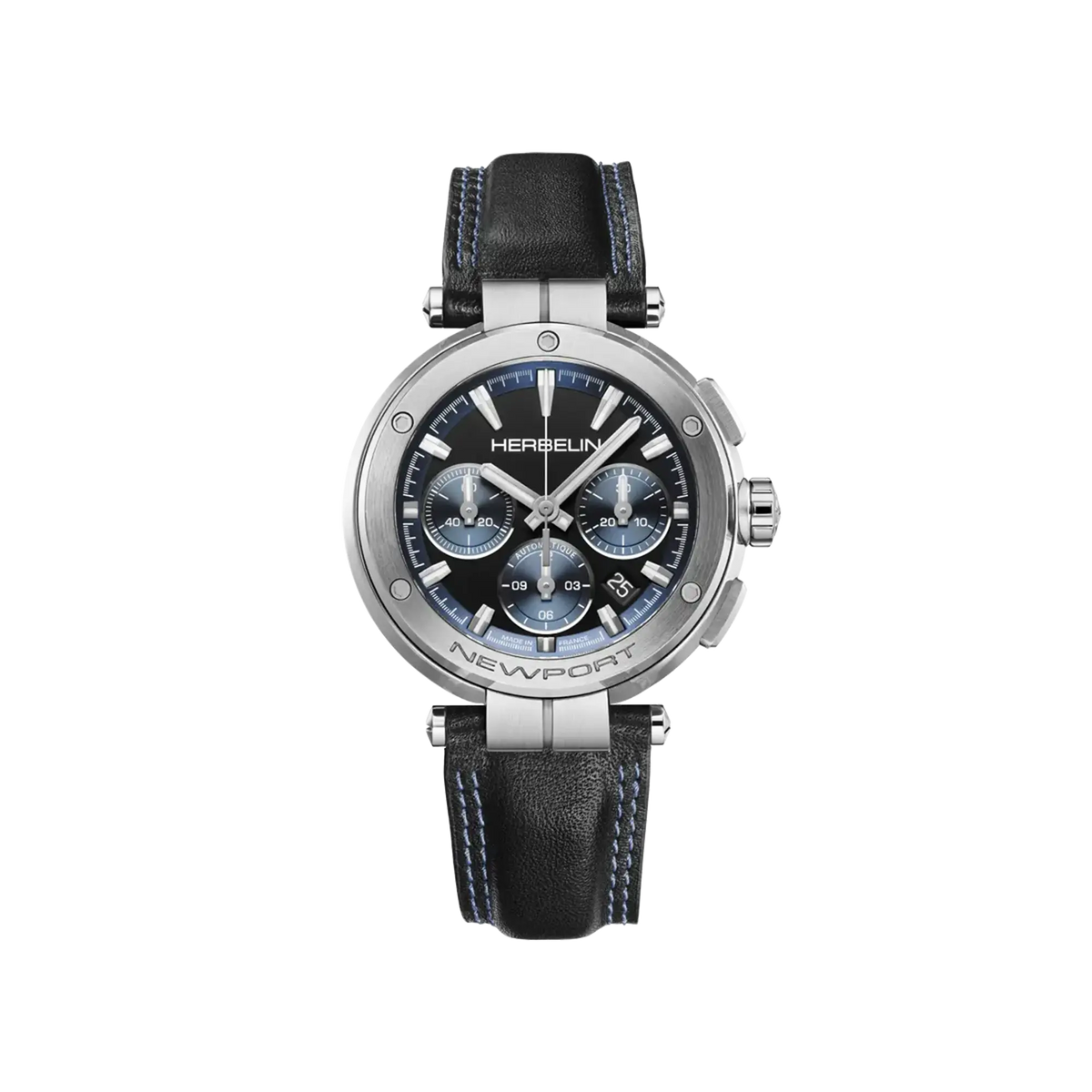 ⁣⁢Newport Cronografo, quadrante nero opaco, cassa in acciaio tonda, bracciale in pelle⁤⁣