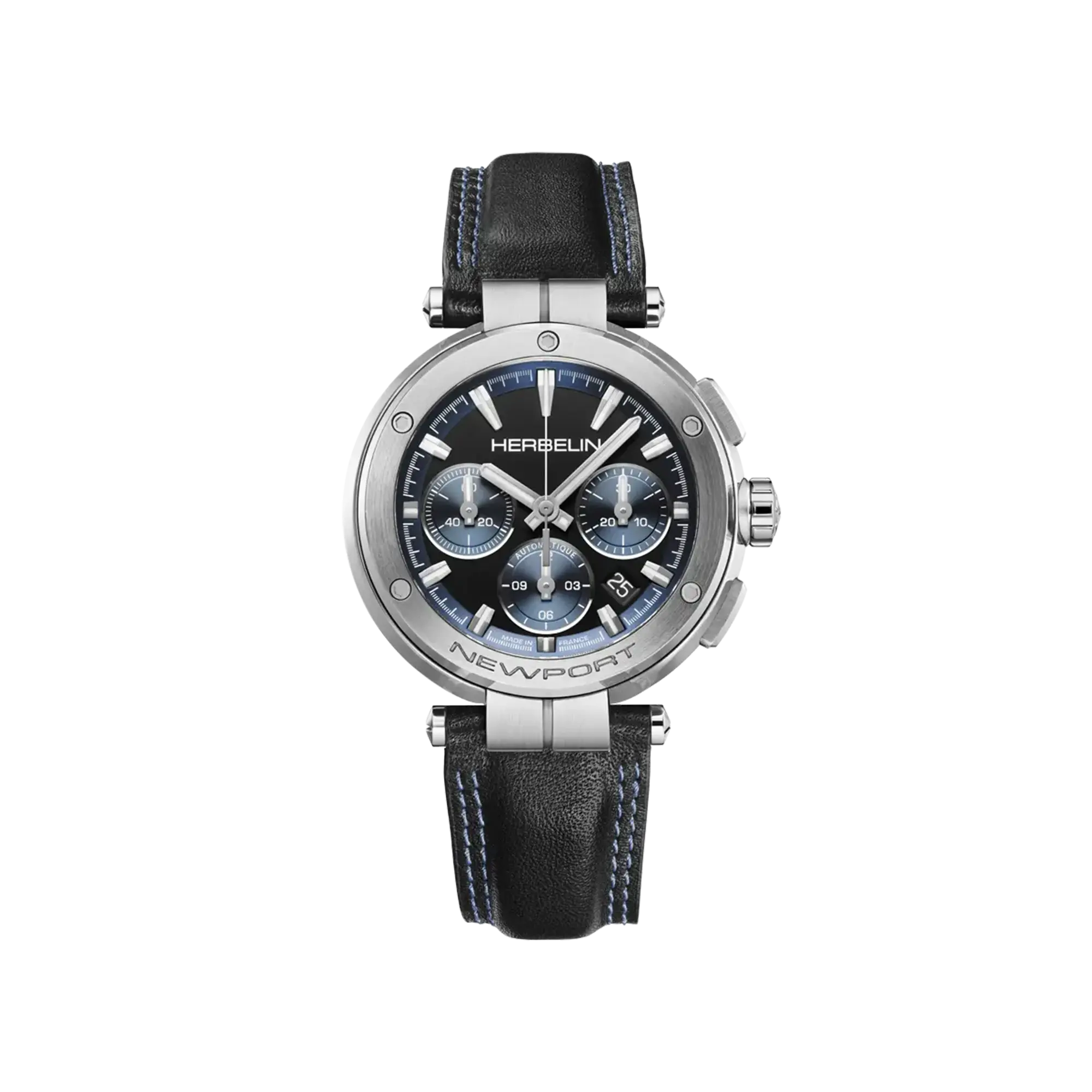 Newport chronographe, cadran noir mat, boîtier acier rond, bracelet cuir