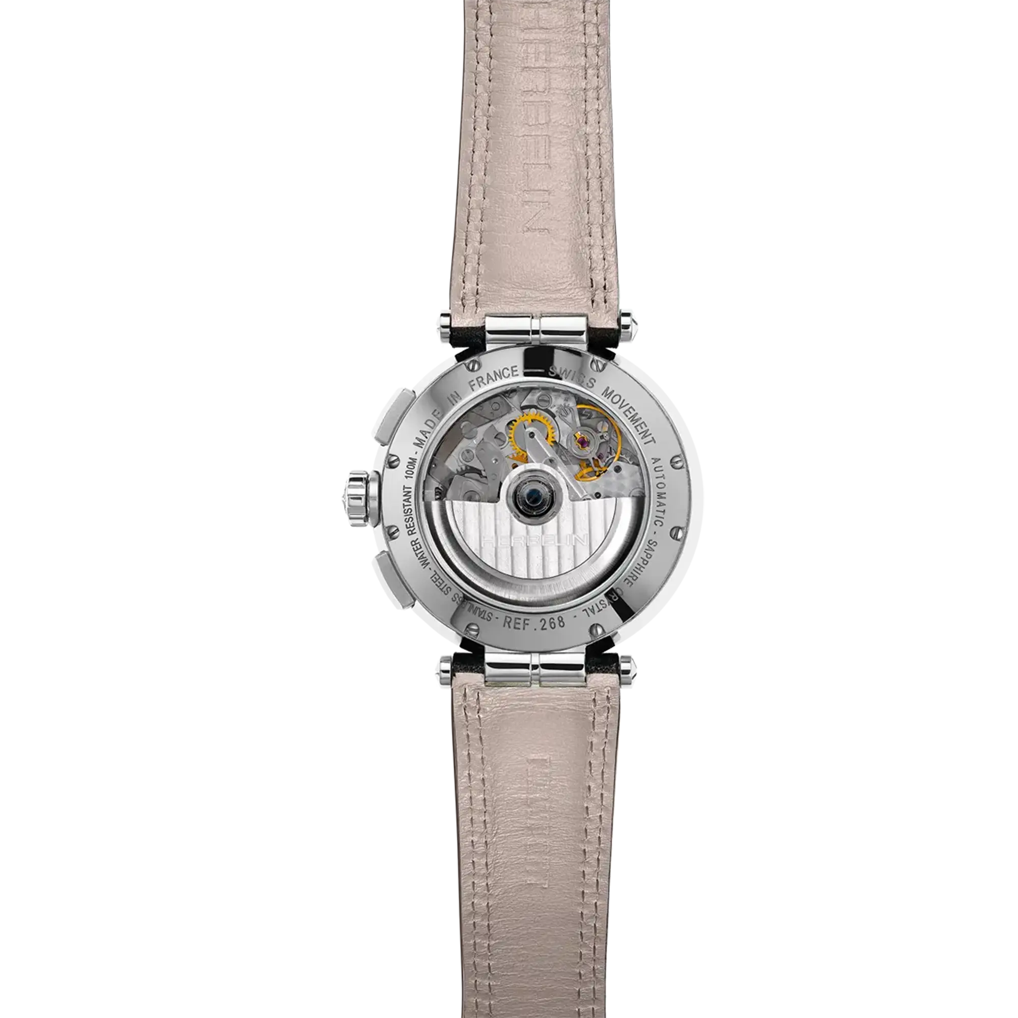 Dos de la Newport chronographe, fond acier avec mécanisme automatique apparent