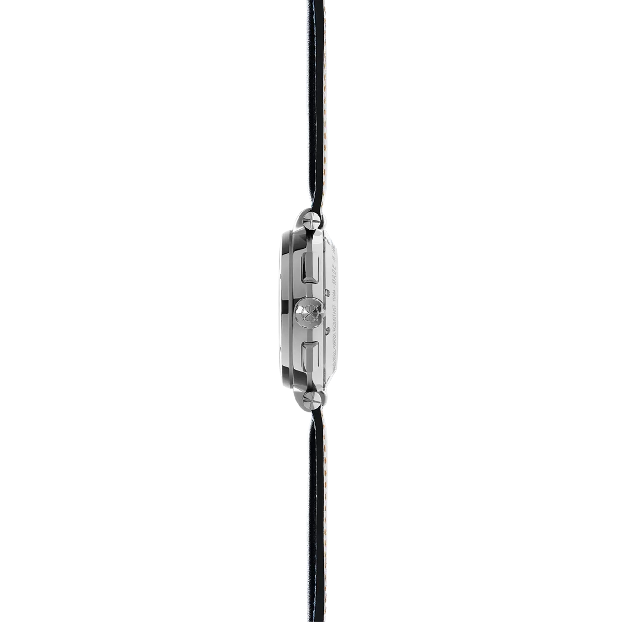 Vue de profil, tranche acier, couronne et attaches du bracelet cuir