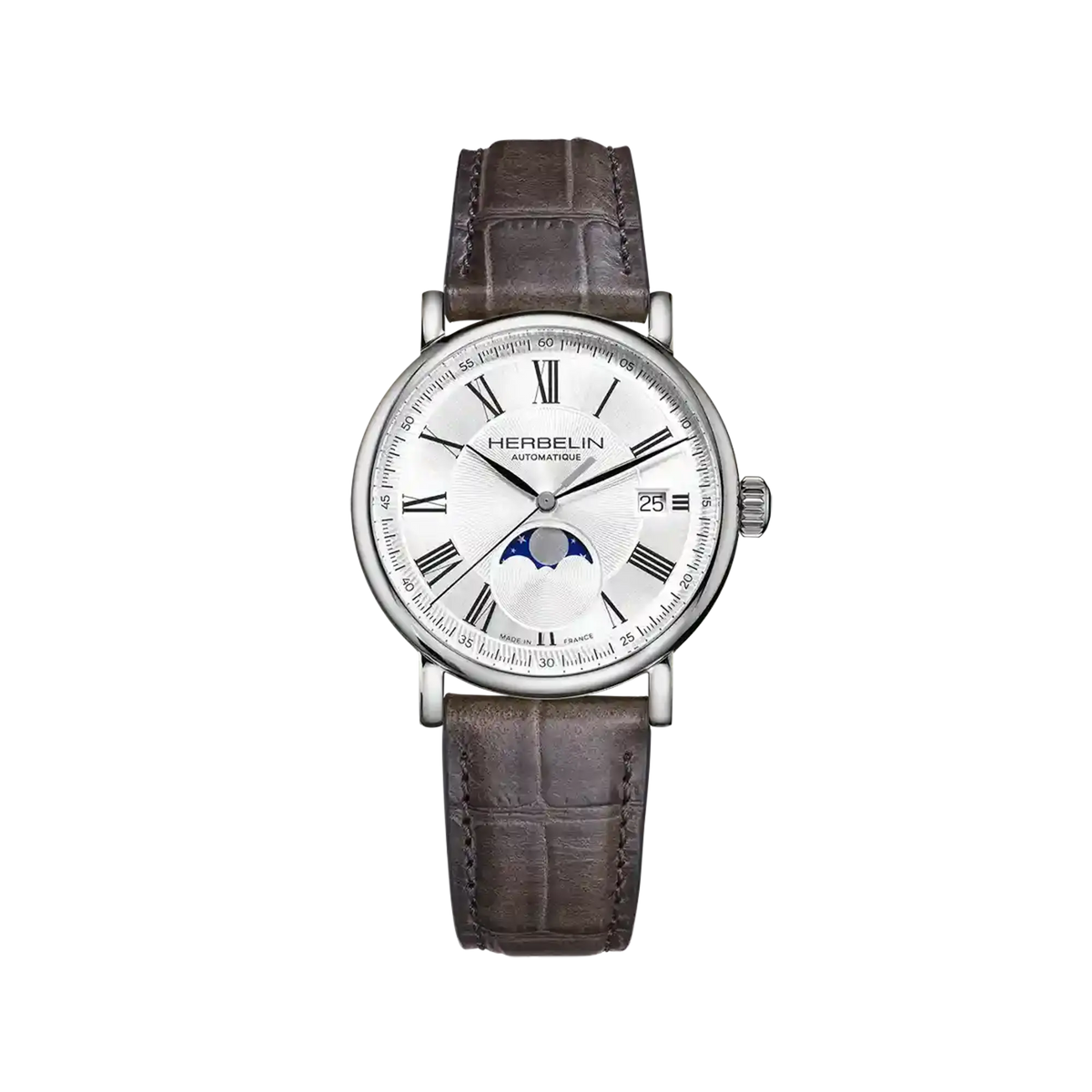 ⁣⁢Moon phase Inspiration, silver guilloché dial, round steel case, leather strap⁤⁣