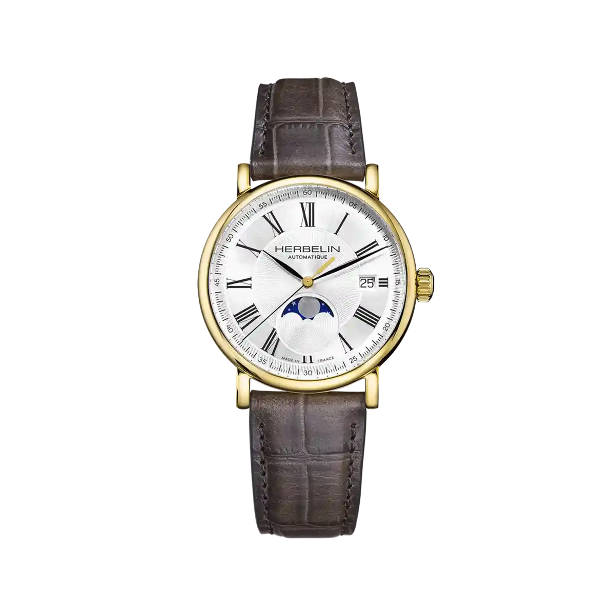 ⁣⁢Moon Phase Inspiration, silver guilloché dial, round yellow gold PVD steel case, leather strap⁤⁣
