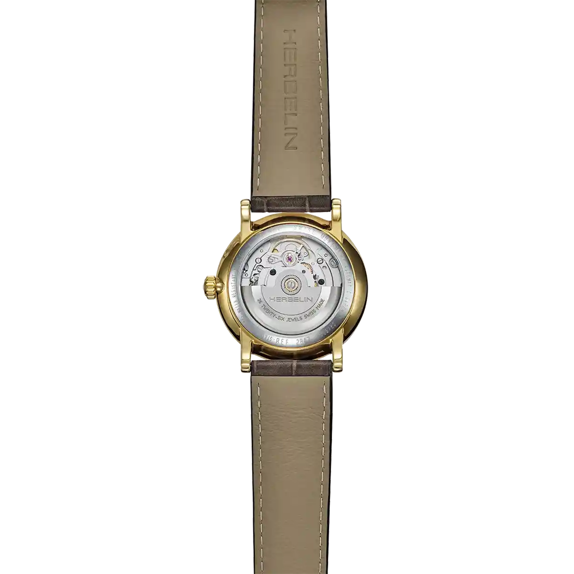 Dos de la Inspiration phase de lune, fond acier PVD or jaune avec mécanisme automatique apparent